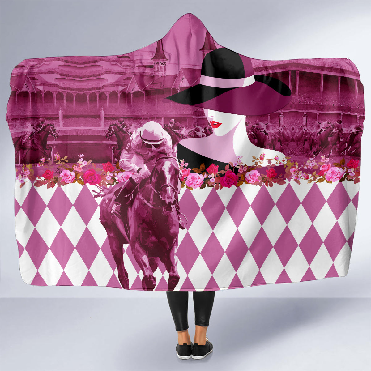Kentucky Racing Horses Derby Hat Lady Hooded Blanket Churchill Downs and Roses Pink Out