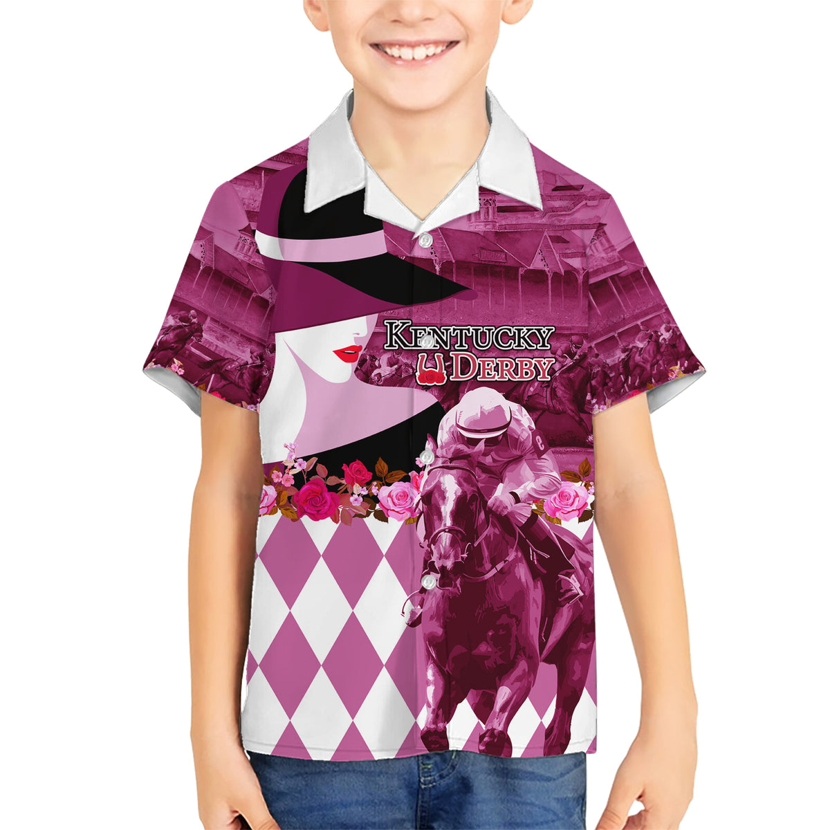 Kentucky Racing Horses Derby Hat Lady Kid Hawaiian Shirt Churchill Downs and Roses Pink Out - Wonder Print Shop