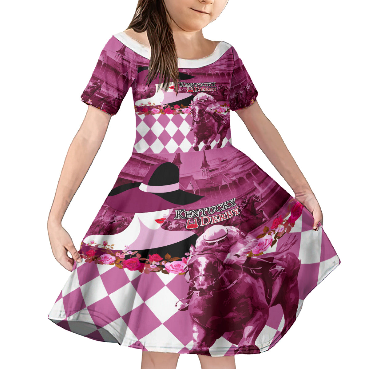 Kentucky Racing Horses Derby Hat Lady Kid Short Sleeve Dress Churchill Downs and Roses Pink Out - Wonder Print Shop