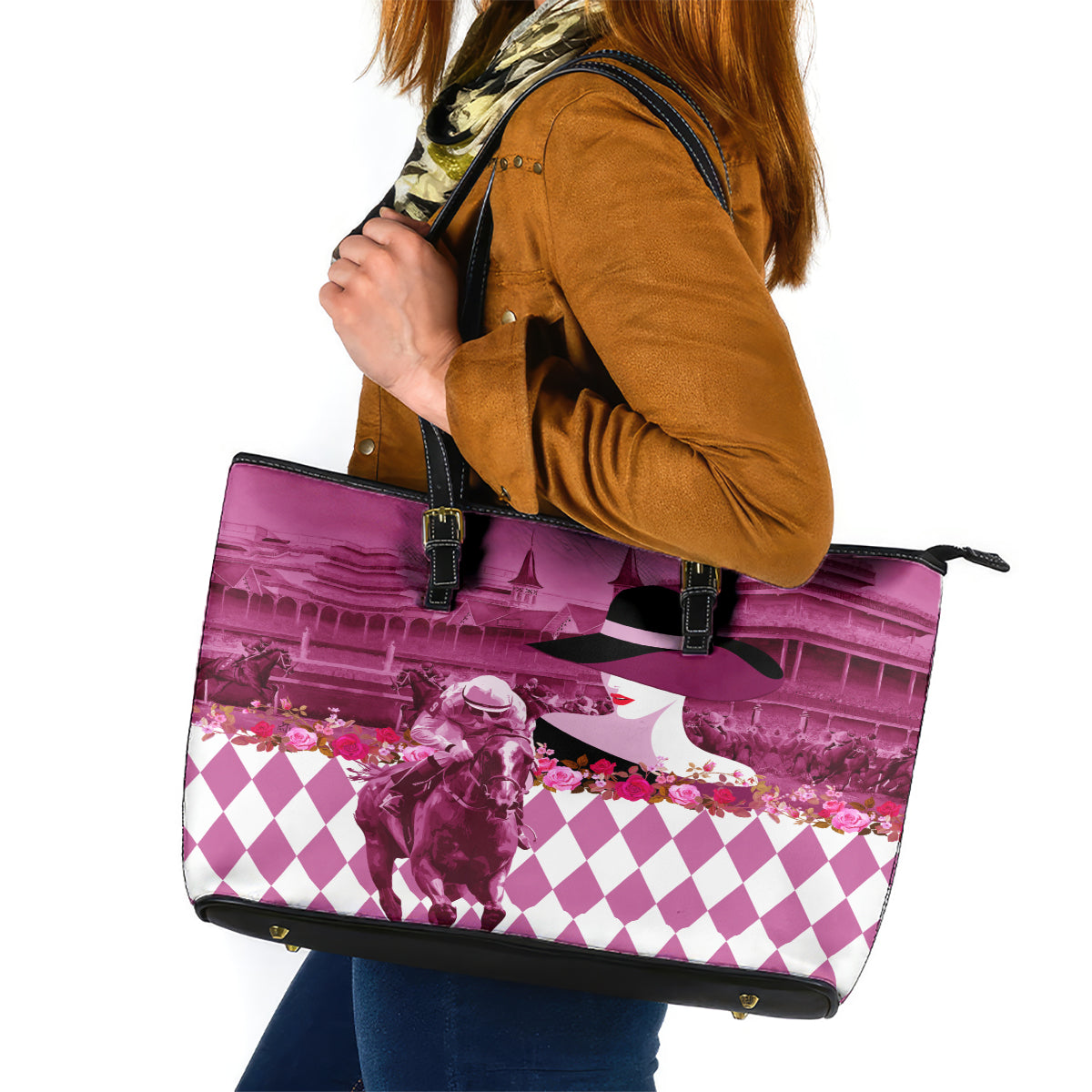 Kentucky Racing Horses Derby Hat Lady Leather Tote Bag Churchill Downs and Roses Pink Out