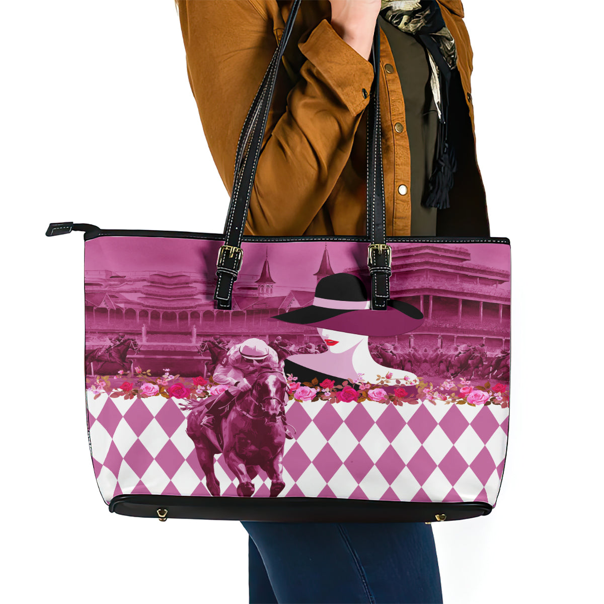 Kentucky Racing Horses Derby Hat Lady Leather Tote Bag Churchill Downs and Roses Pink Out - Wonder Print Shop