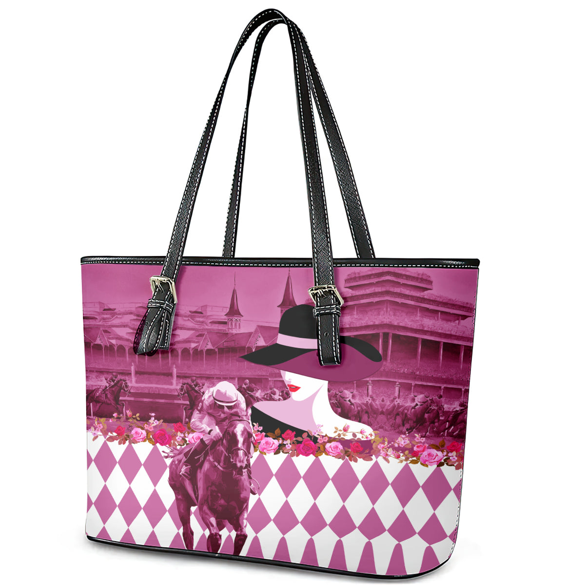Kentucky Racing Horses Derby Hat Lady Leather Tote Bag Churchill Downs and Roses Pink Out - Wonder Print Shop