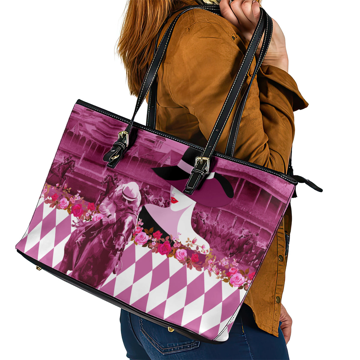 Kentucky Racing Horses Derby Hat Lady Leather Tote Bag Churchill Downs and Roses Pink Out - Wonder Print Shop