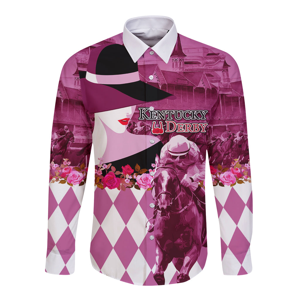 Kentucky Racing Horses Derby Hat Lady Long Sleeve Button Shirt Churchill Downs and Roses Pink Out - Wonder Print Shop
