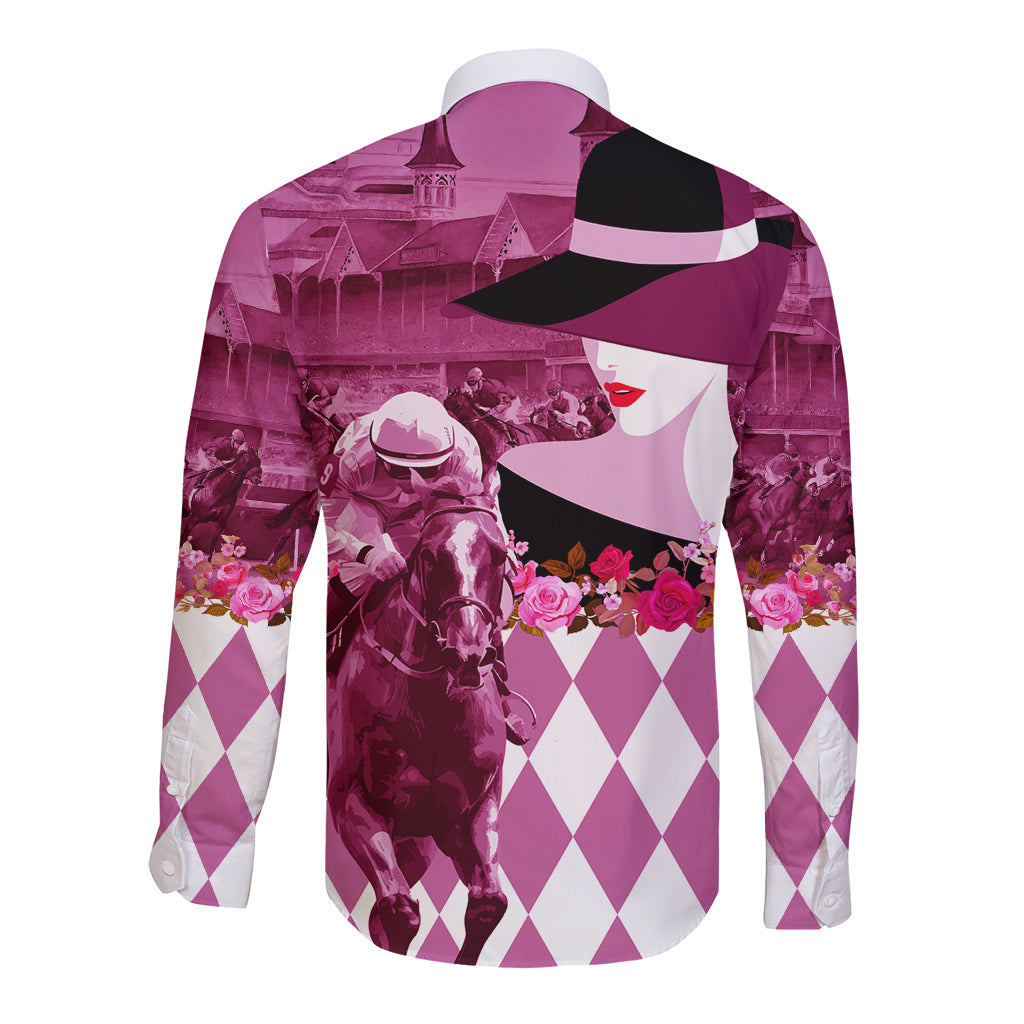 Kentucky Racing Horses Derby Hat Lady Long Sleeve Button Shirt Churchill Downs and Roses Pink Out - Wonder Print Shop