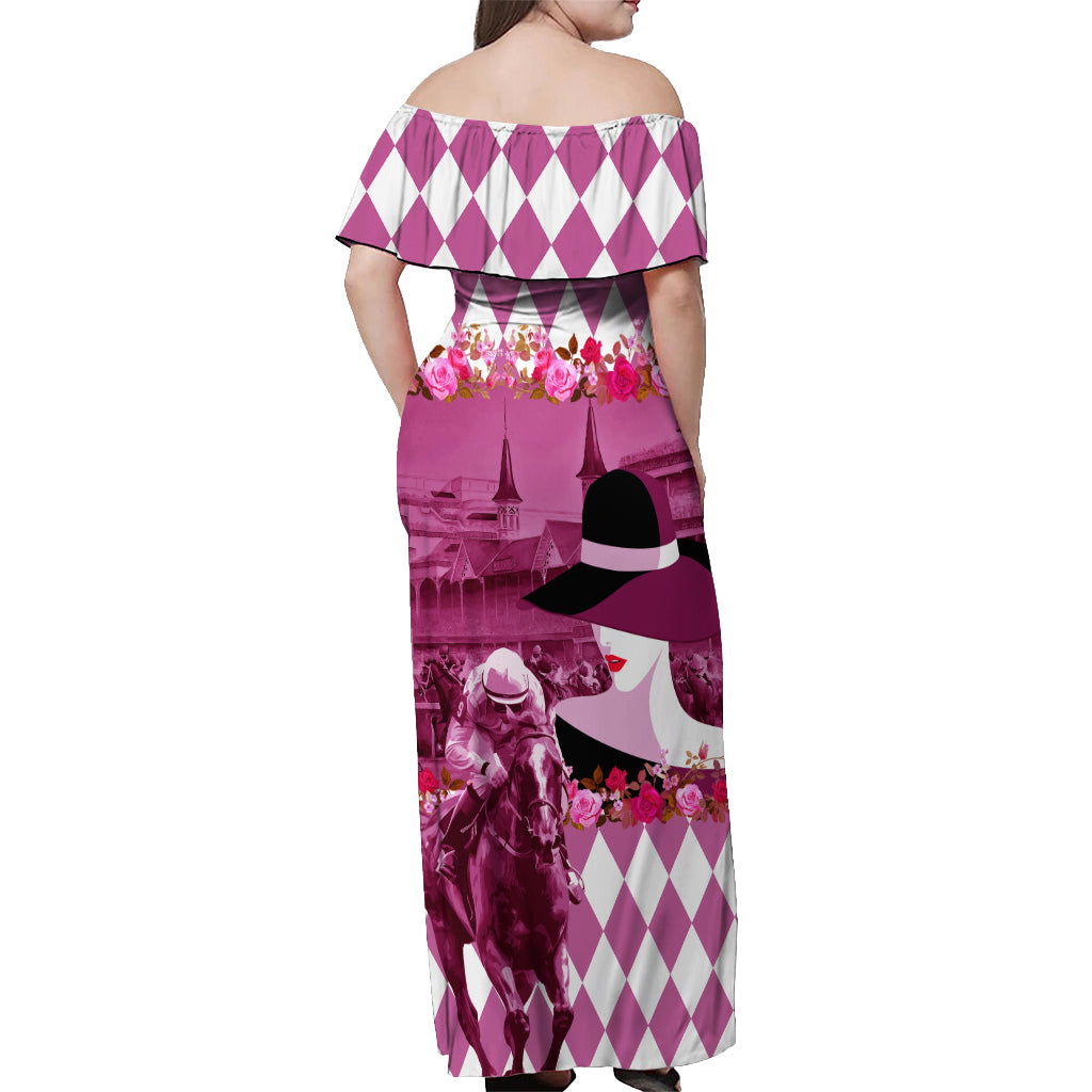 Kentucky Racing Horses Derby Hat Lady Off Shoulder Maxi Dress Churchill Downs and Roses Pink Out - Wonder Print Shop
