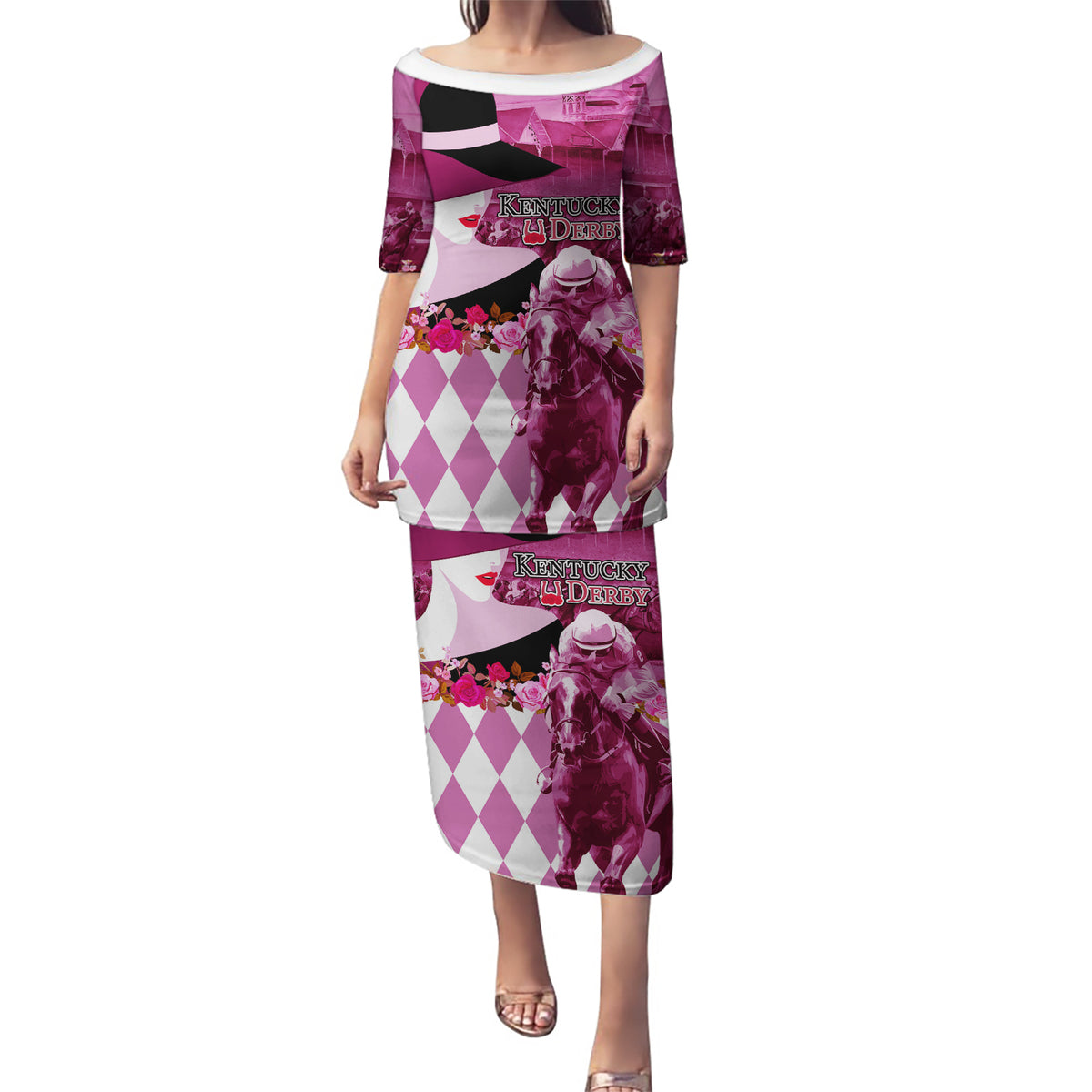 Kentucky Racing Horses Derby Hat Lady Puletasi Churchill Downs and Roses Pink Out - Wonder Print Shop