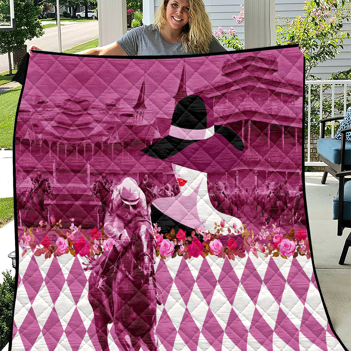 Kentucky Racing Horses Derby Hat Lady Quilt Churchill Downs and Roses Pink Out