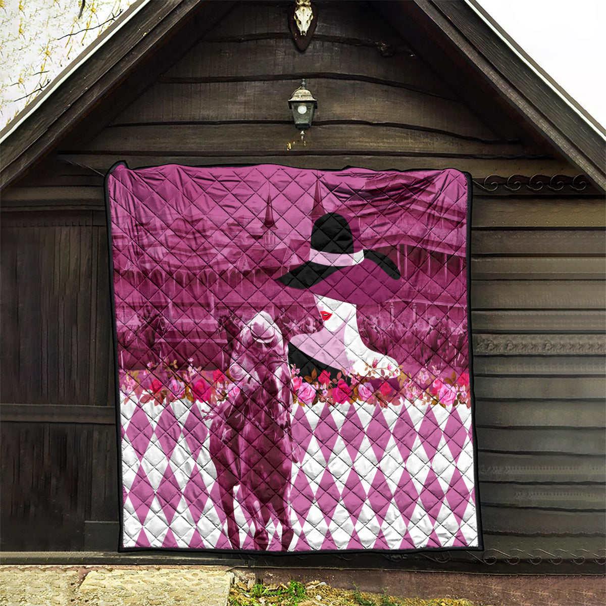 Kentucky Racing Horses Derby Hat Lady Quilt Churchill Downs and Roses Pink Out - Wonder Print Shop
