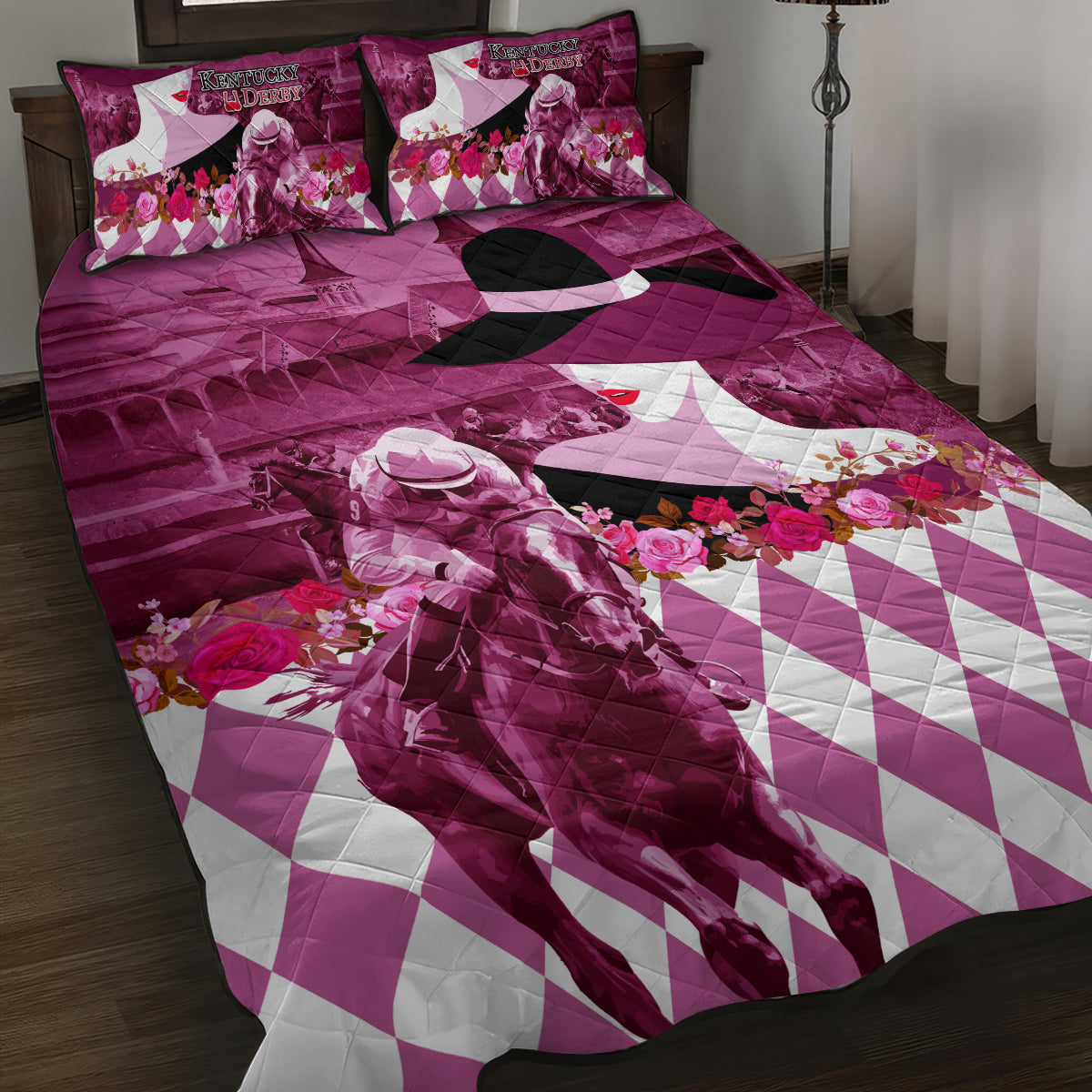 Kentucky Racing Horses Derby Hat Lady Quilt Bed Set Churchill Downs and Roses Pink Out - Wonder Print Shop