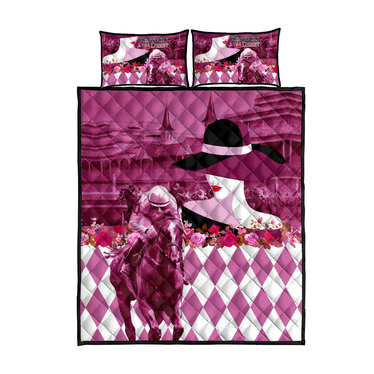 Kentucky Racing Horses Derby Hat Lady Quilt Bed Set Churchill Downs and Roses Pink Out - Wonder Print Shop