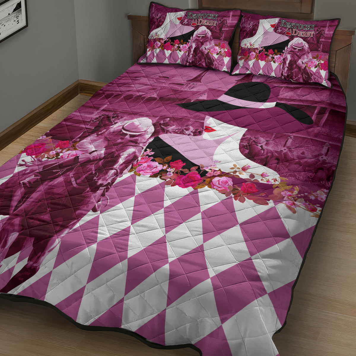 Kentucky Racing Horses Derby Hat Lady Quilt Bed Set Churchill Downs and Roses Pink Out - Wonder Print Shop