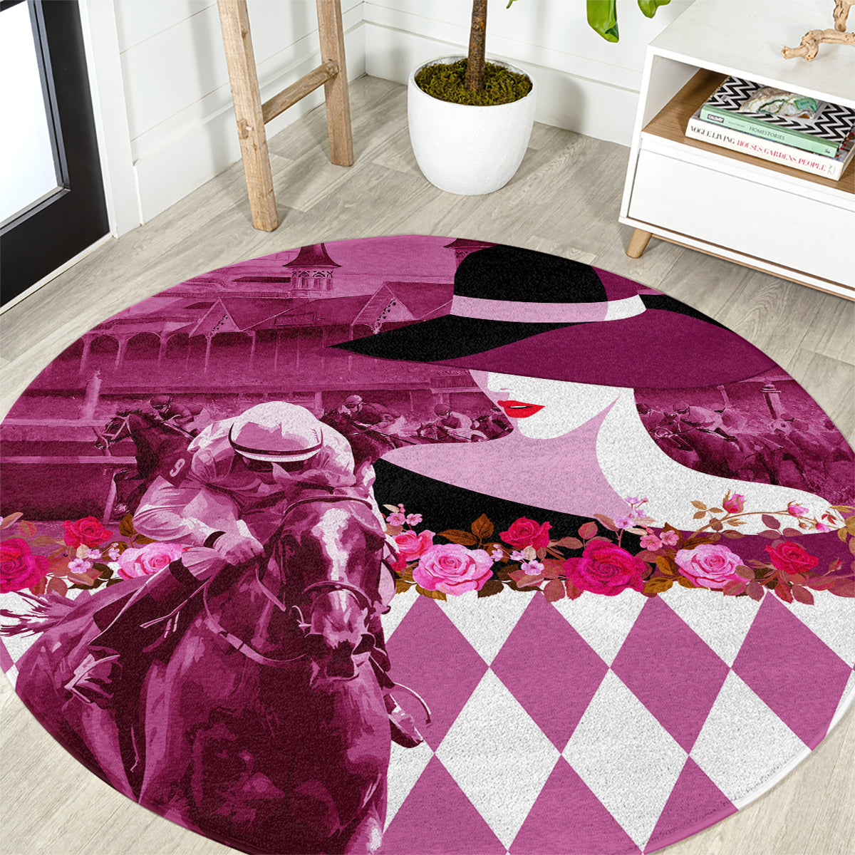 Kentucky Racing Horses Derby Hat Lady Round Carpet Churchill Downs and Roses Pink Out