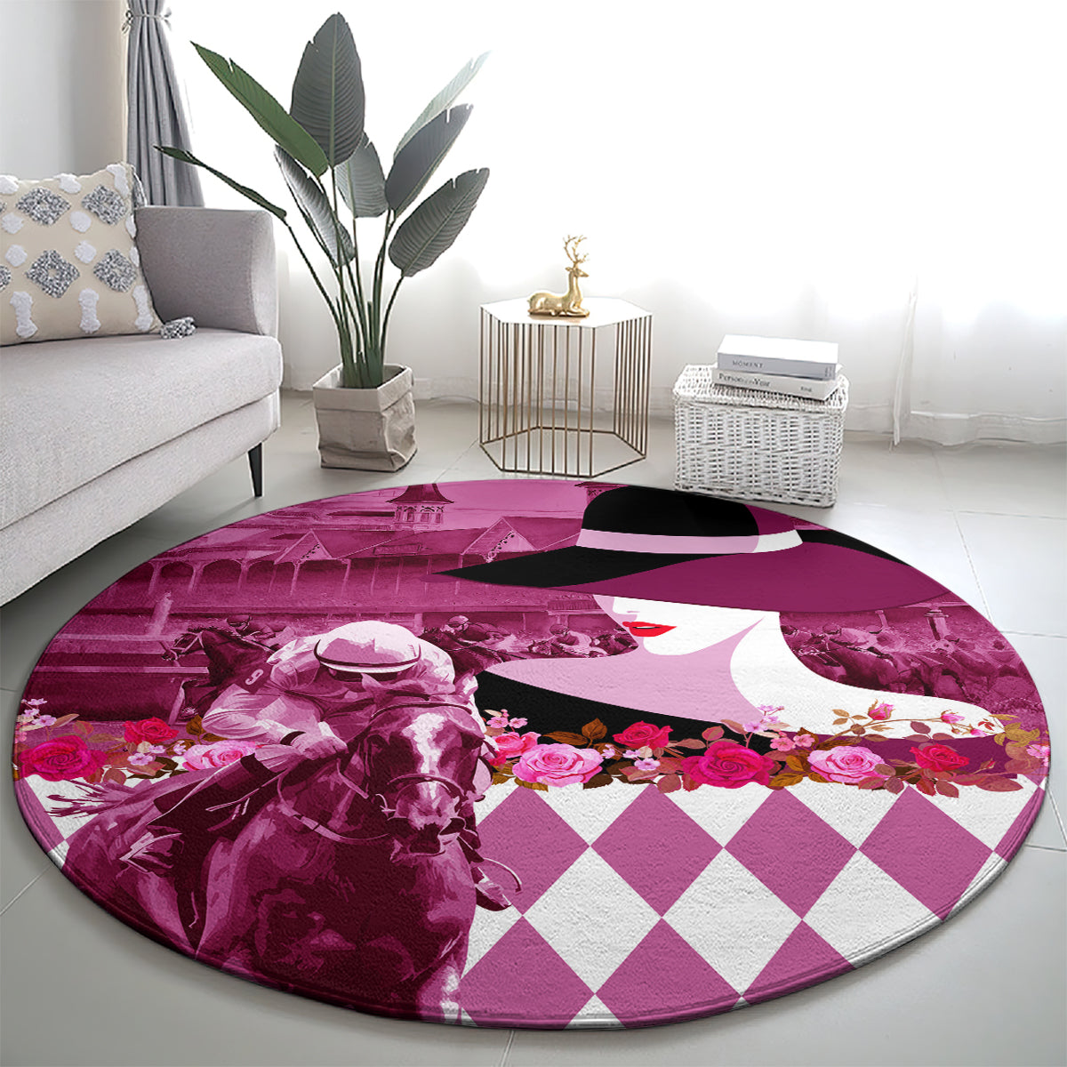 Kentucky Racing Horses Derby Hat Lady Round Carpet Churchill Downs and Roses Pink Out