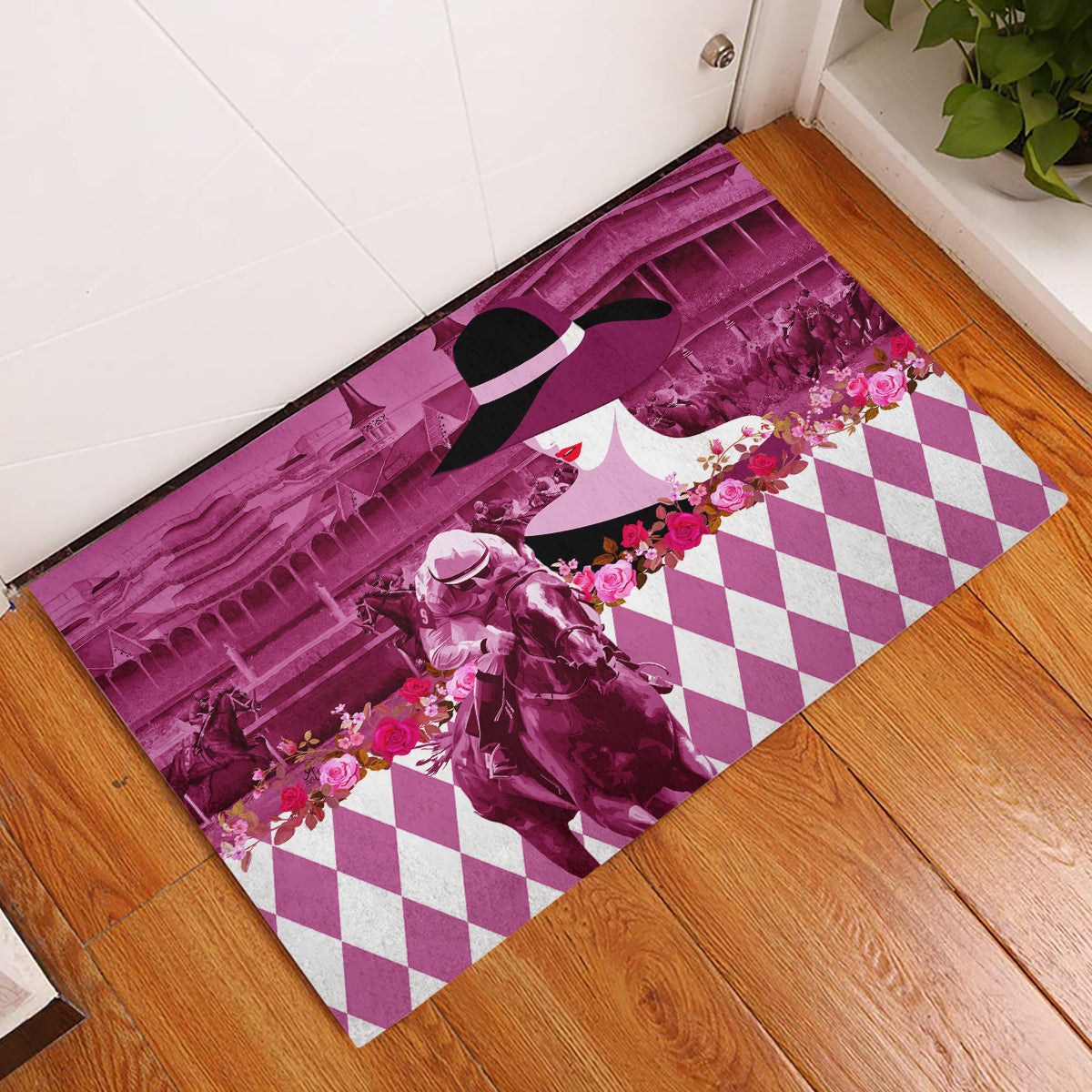 Kentucky Racing Horses Derby Hat Lady Rubber Doormat Churchill Downs and Roses Pink Out - Wonder Print Shop