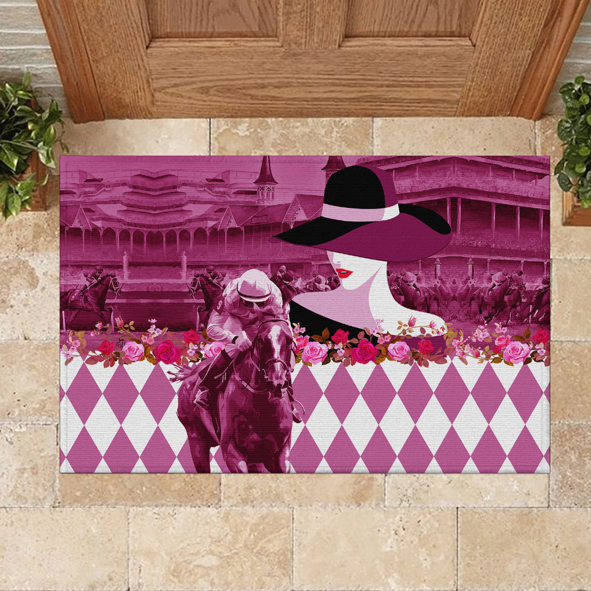 Kentucky Racing Horses Derby Hat Lady Rubber Doormat Churchill Downs and Roses Pink Out - Wonder Print Shop