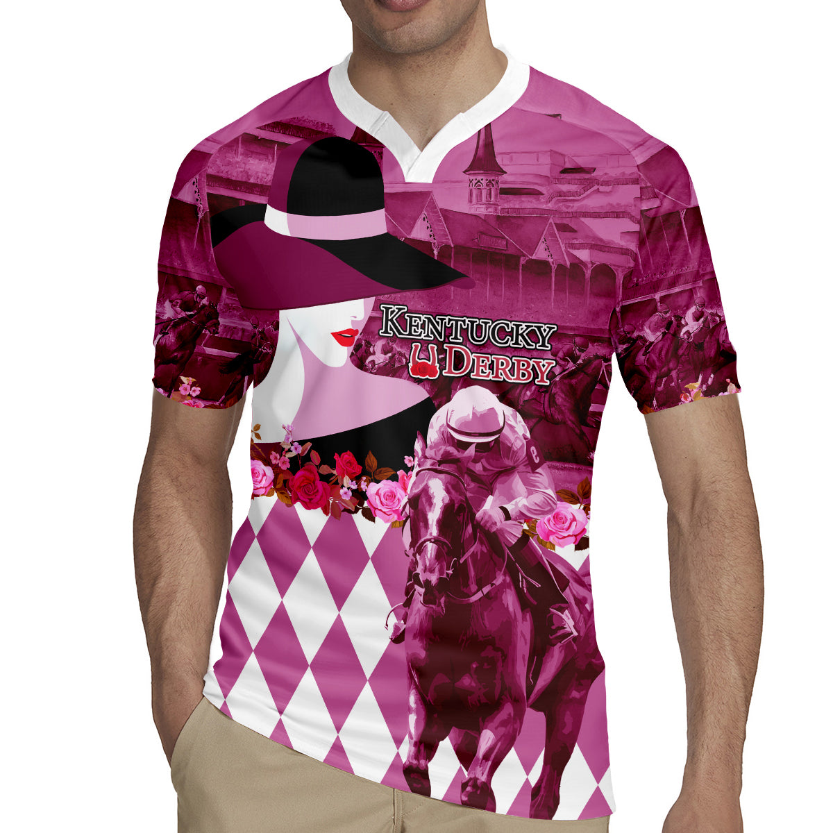 Kentucky Racing Horses Derby Hat Lady Rugby Jersey Churchill Downs and Roses Pink Out - Wonder Print Shop