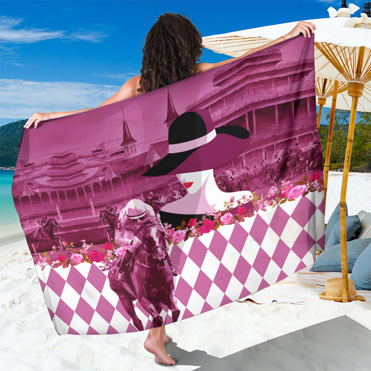 Kentucky Racing Horses Derby Hat Lady Sarong Churchill Downs and Roses Pink Out - Wonder Print Shop