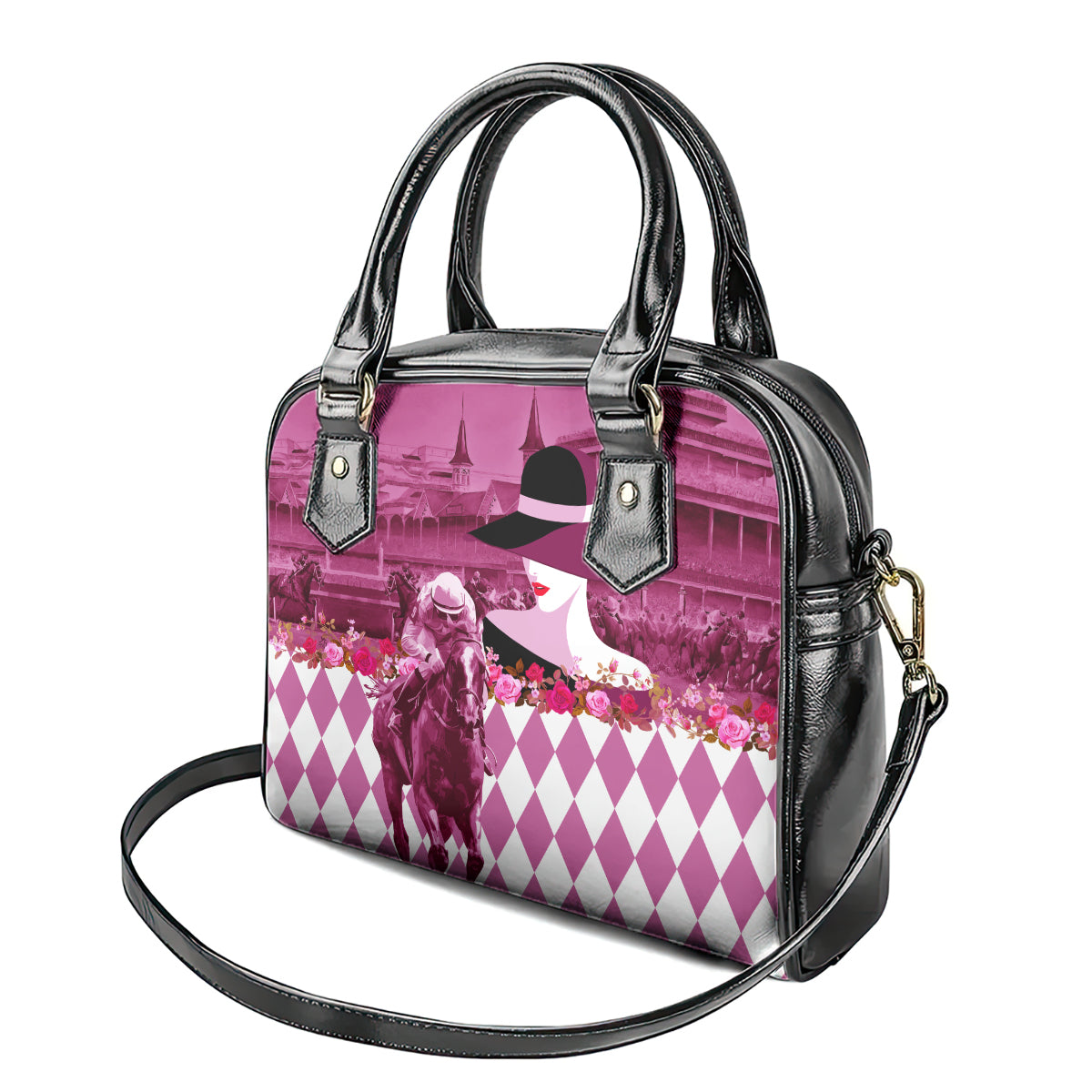 Kentucky Racing Horses Derby Hat Lady Shoulder Handbag Churchill Downs and Roses Pink Out