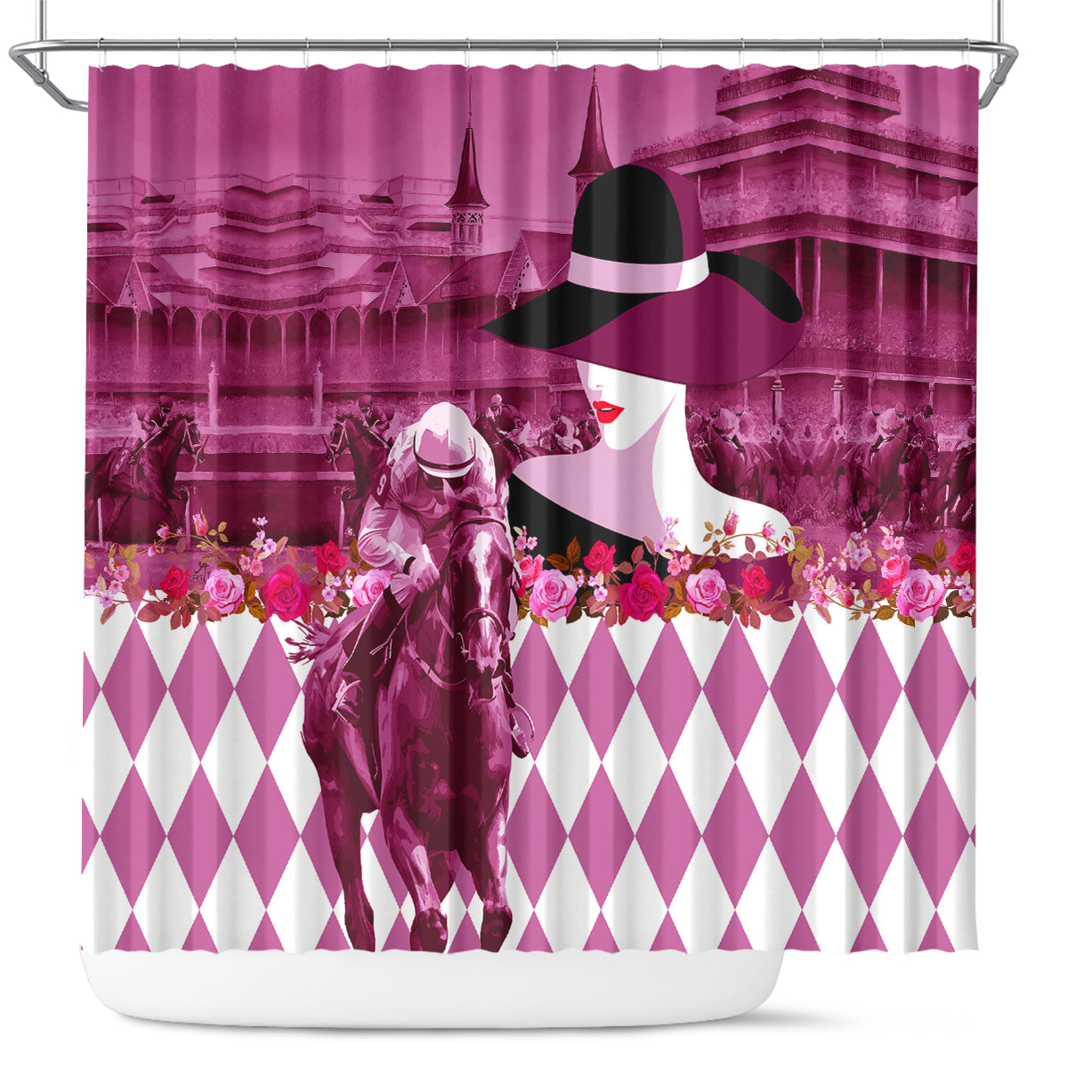 Kentucky Racing Horses Derby Hat Lady Shower Curtain Churchill Downs and Roses Pink Out