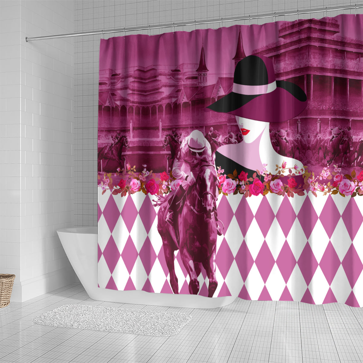 Kentucky Racing Horses Derby Hat Lady Shower Curtain Churchill Downs and Roses Pink Out