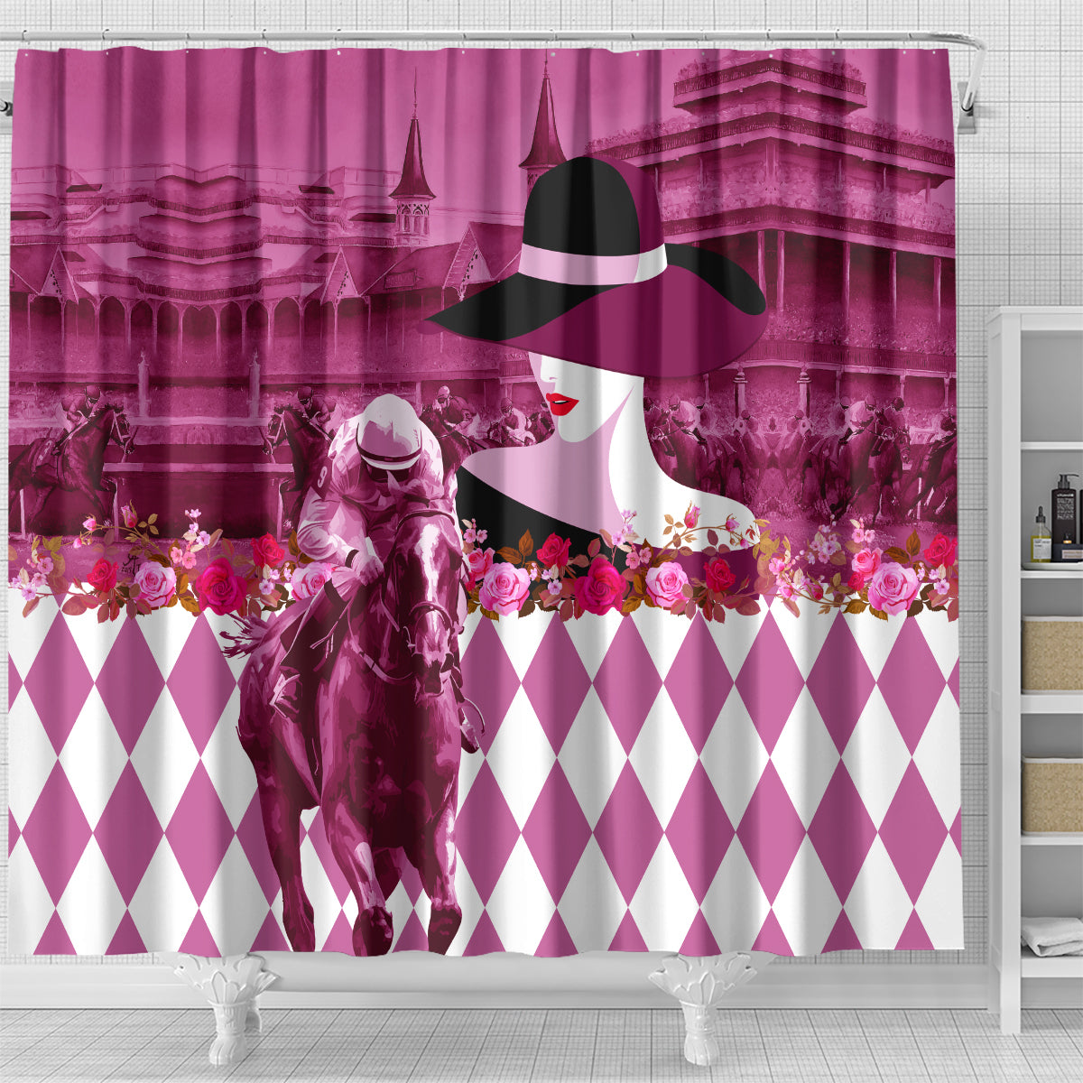 Kentucky Racing Horses Derby Hat Lady Shower Curtain Churchill Downs and Roses Pink Out
