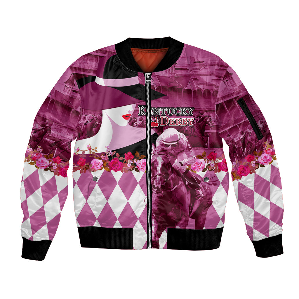 Kentucky Racing Horses Derby Hat Lady Sleeve Zip Bomber Jacket Churchill Downs and Roses Pink Out - Wonder Print Shop