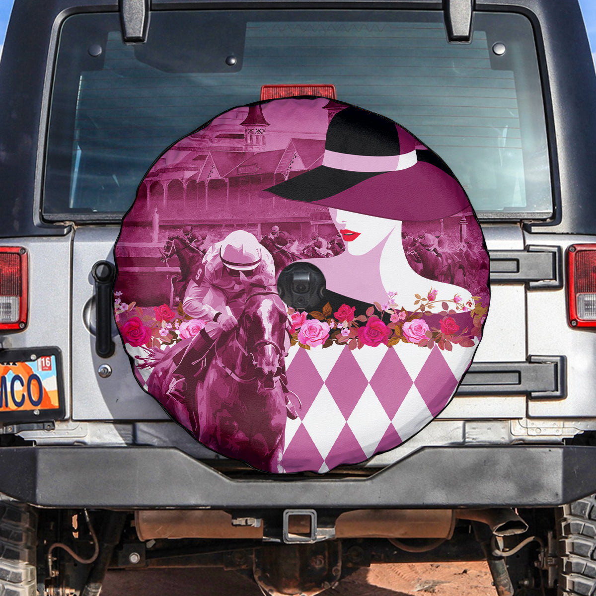 Kentucky Racing Horses Derby Hat Lady Spare Tire Cover Churchill Downs and Roses Pink Out - Wonder Print Shop