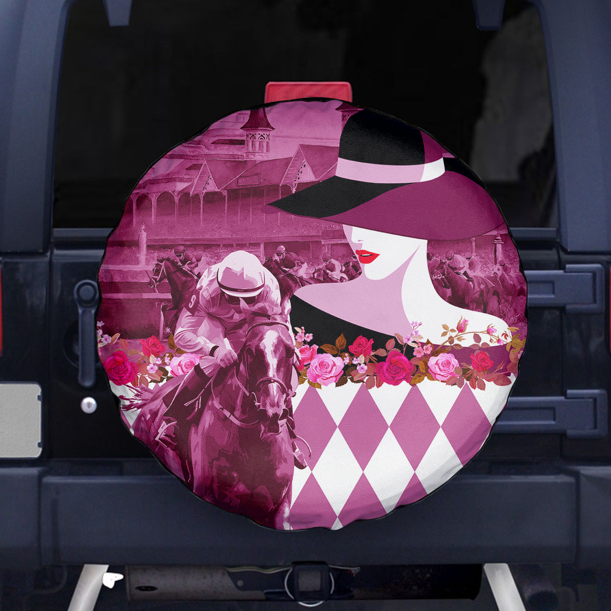 Kentucky Racing Horses Derby Hat Lady Spare Tire Cover Churchill Downs and Roses Pink Out - Wonder Print Shop