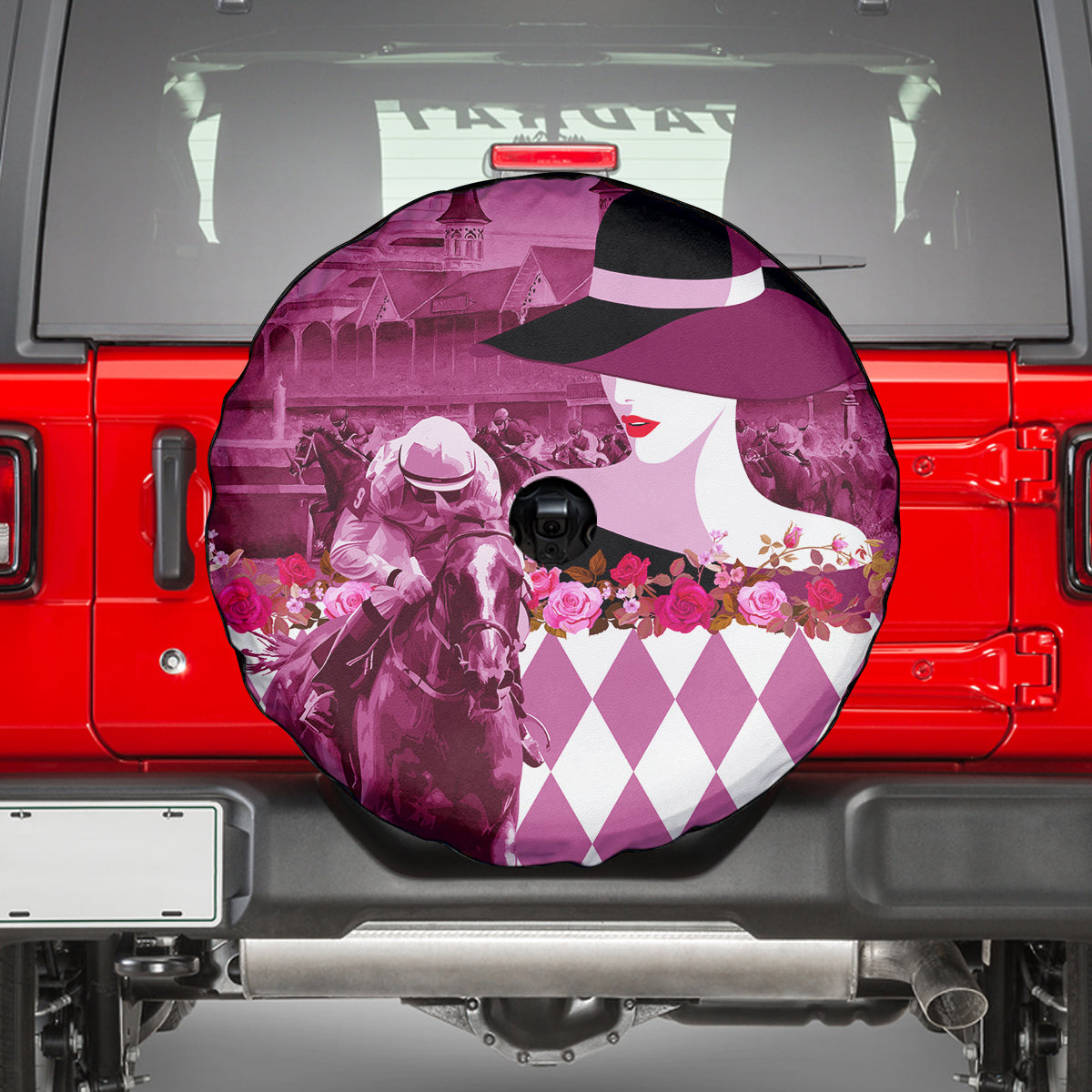 Kentucky Racing Horses Derby Hat Lady Spare Tire Cover Churchill Downs and Roses Pink Out - Wonder Print Shop