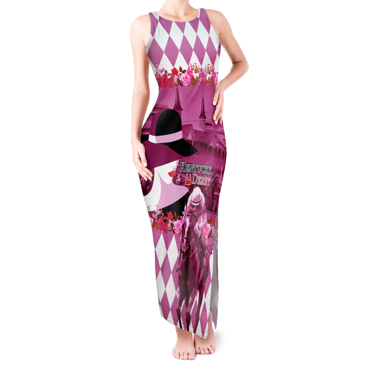 Kentucky Racing Horses Derby Hat Lady Tank Maxi Dress Churchill Downs and Roses Pink Out - Wonder Print Shop