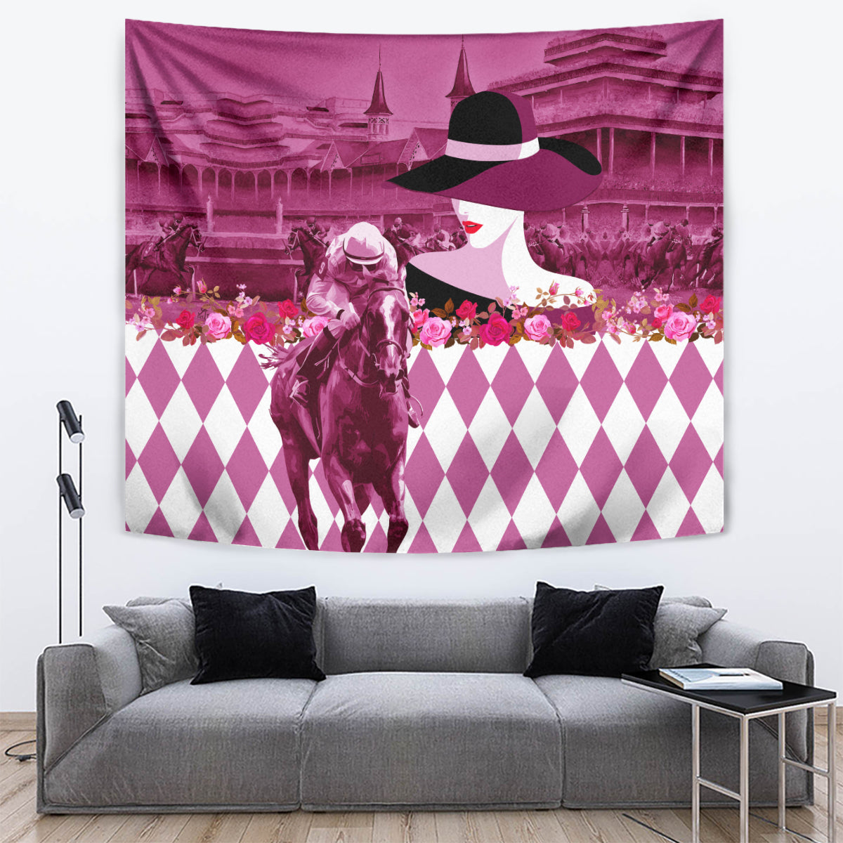 Kentucky Racing Horses Derby Hat Lady Tapestry Churchill Downs and Roses Pink Out - Wonder Print Shop