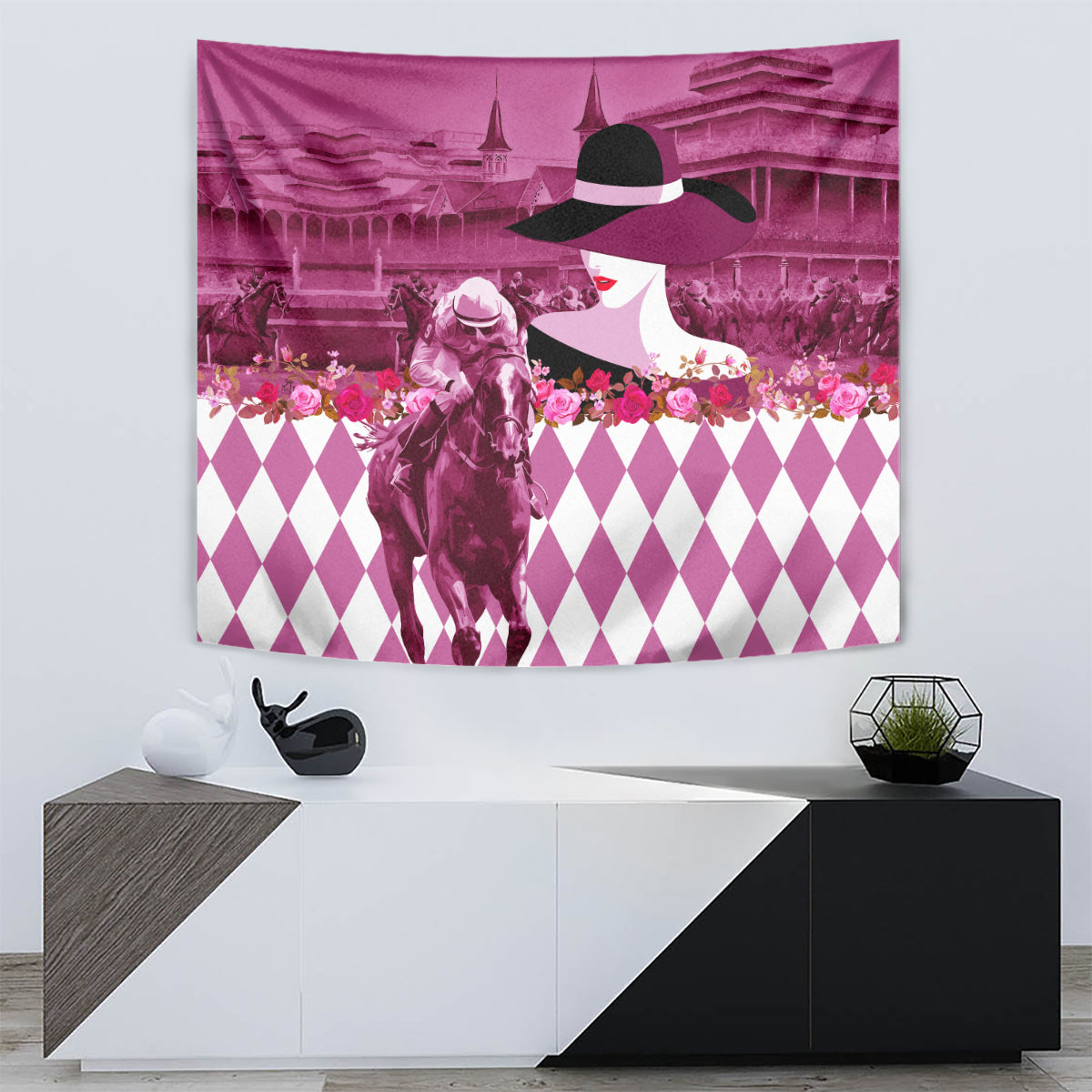 Kentucky Racing Horses Derby Hat Lady Tapestry Churchill Downs and Roses Pink Out - Wonder Print Shop