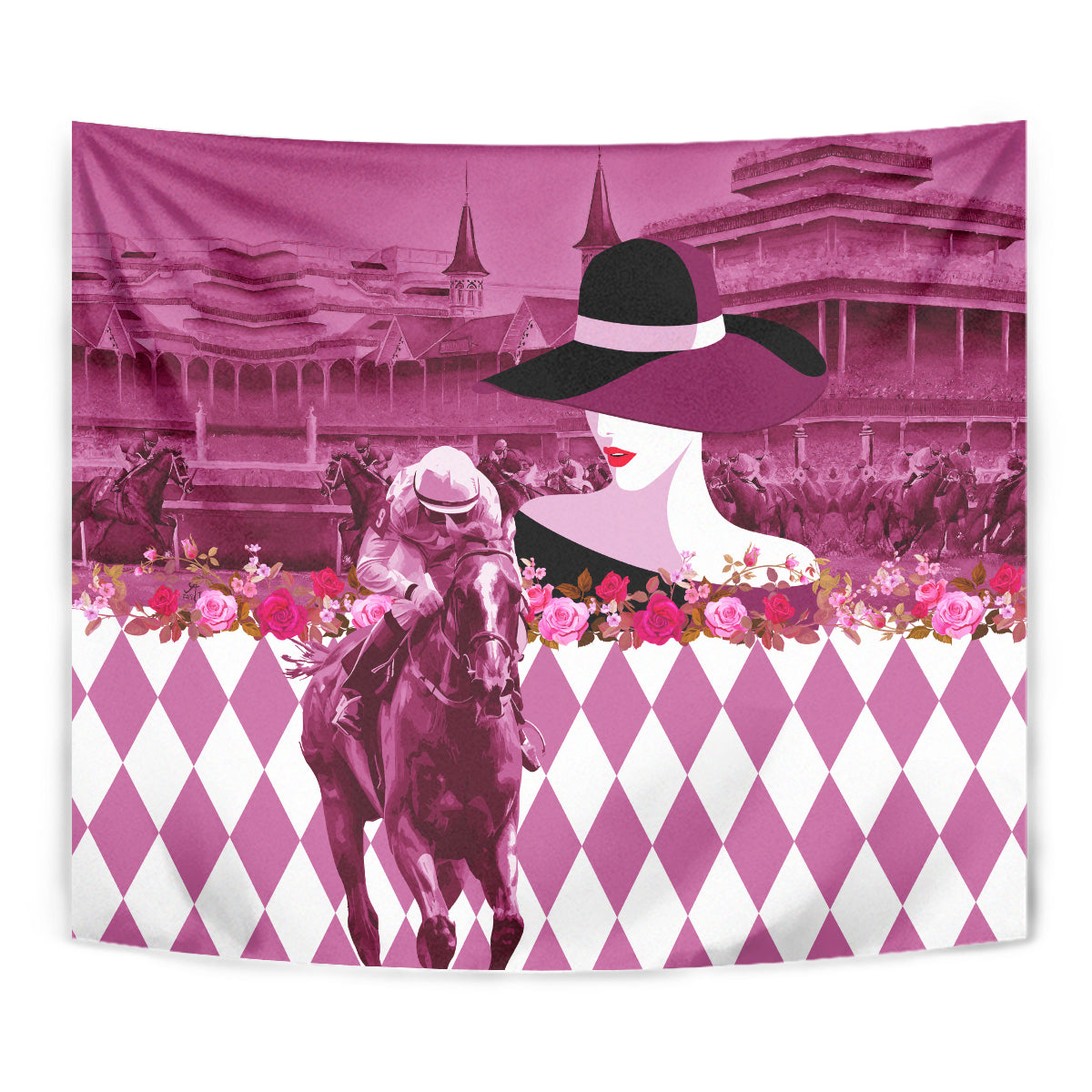 Kentucky Racing Horses Derby Hat Lady Tapestry Churchill Downs and Roses Pink Out - Wonder Print Shop