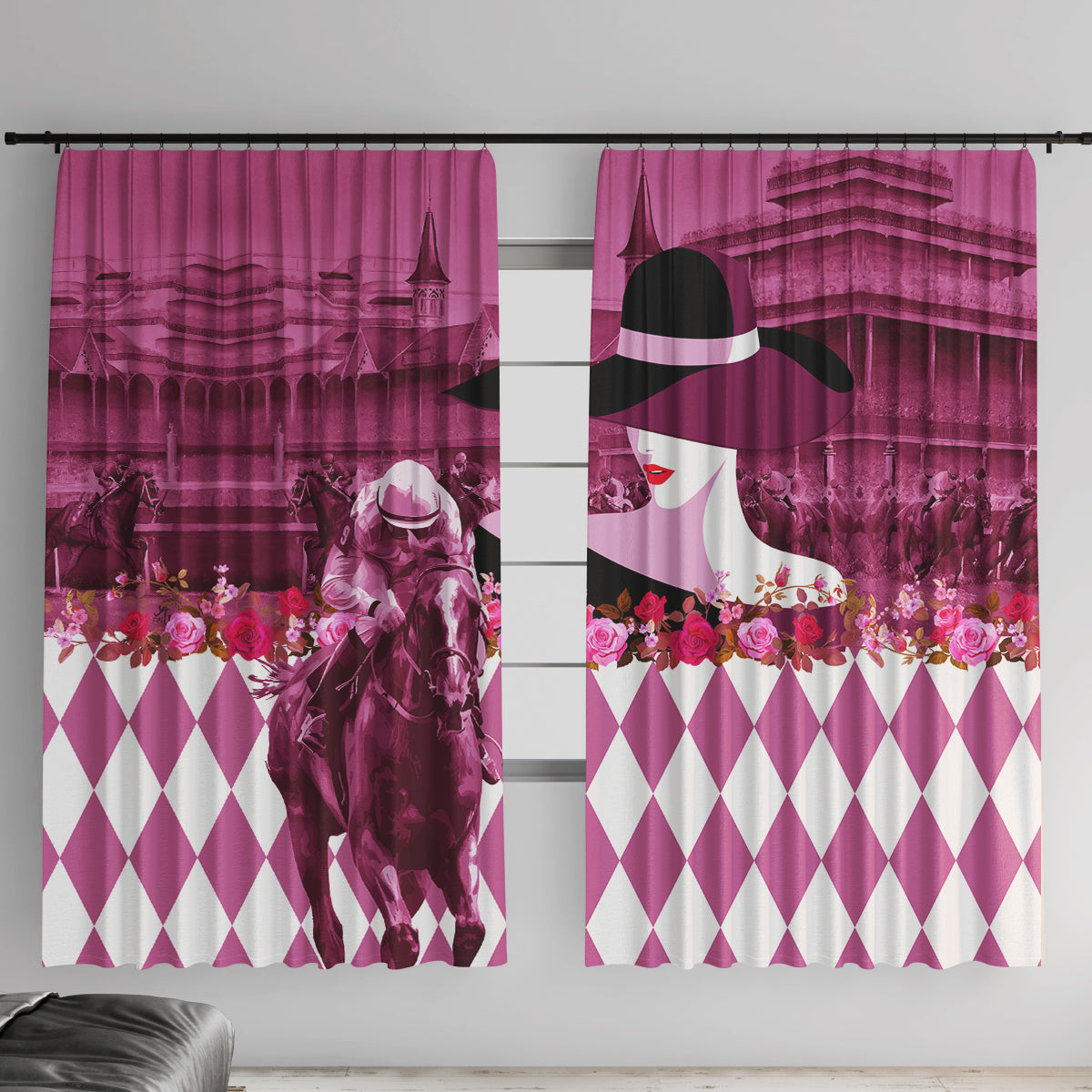 Kentucky Racing Horses Derby Hat Lady Window Curtain Churchill Downs and Roses Pink Out - Wonder Print Shop