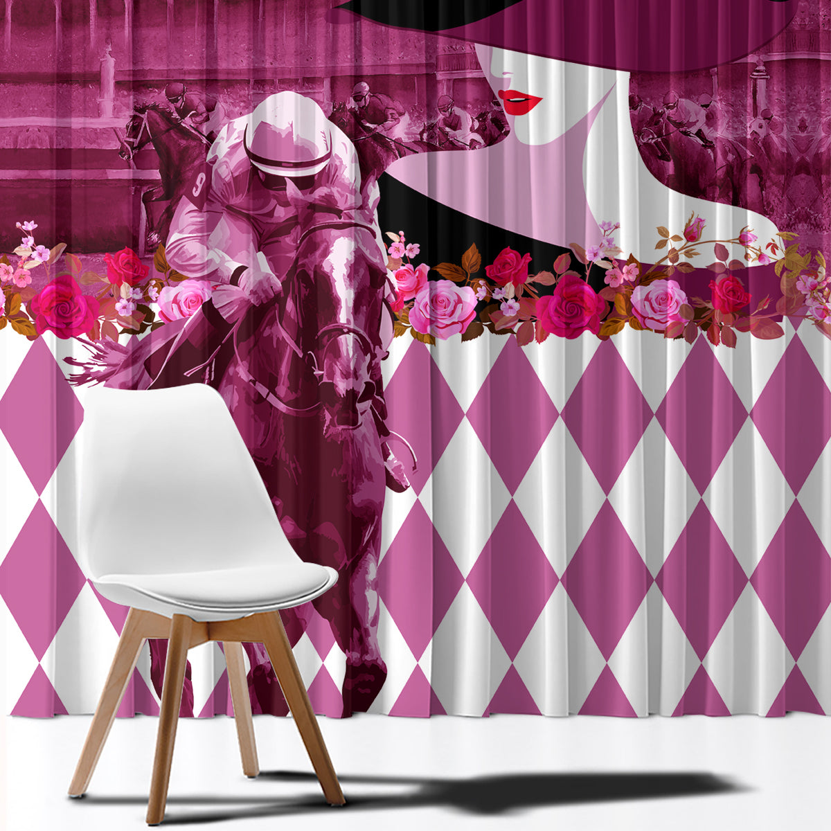 Kentucky Racing Horses Derby Hat Lady Window Curtain Churchill Downs and Roses Pink Out - Wonder Print Shop