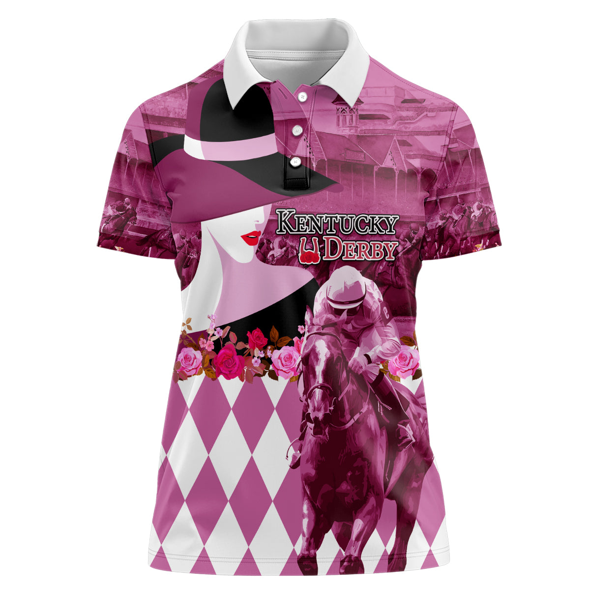 Kentucky Racing Horses Derby Hat Lady Women Polo Shirt Churchill Downs and Roses Pink Out - Wonder Print Shop