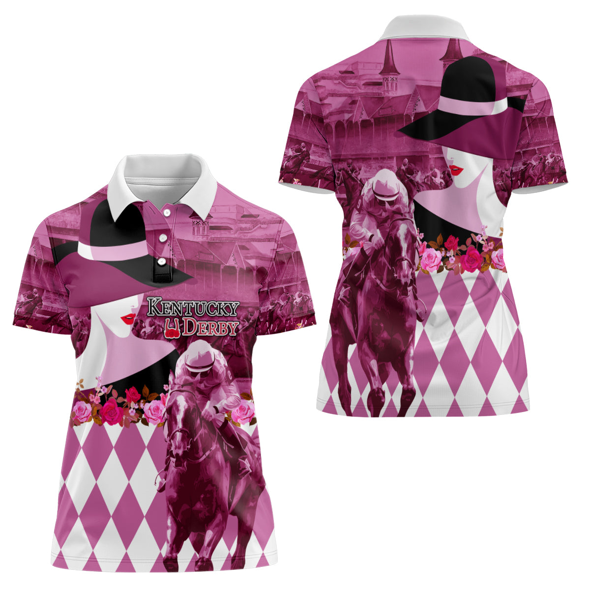 Kentucky Racing Horses Derby Hat Lady Women Polo Shirt Churchill Downs and Roses Pink Out - Wonder Print Shop