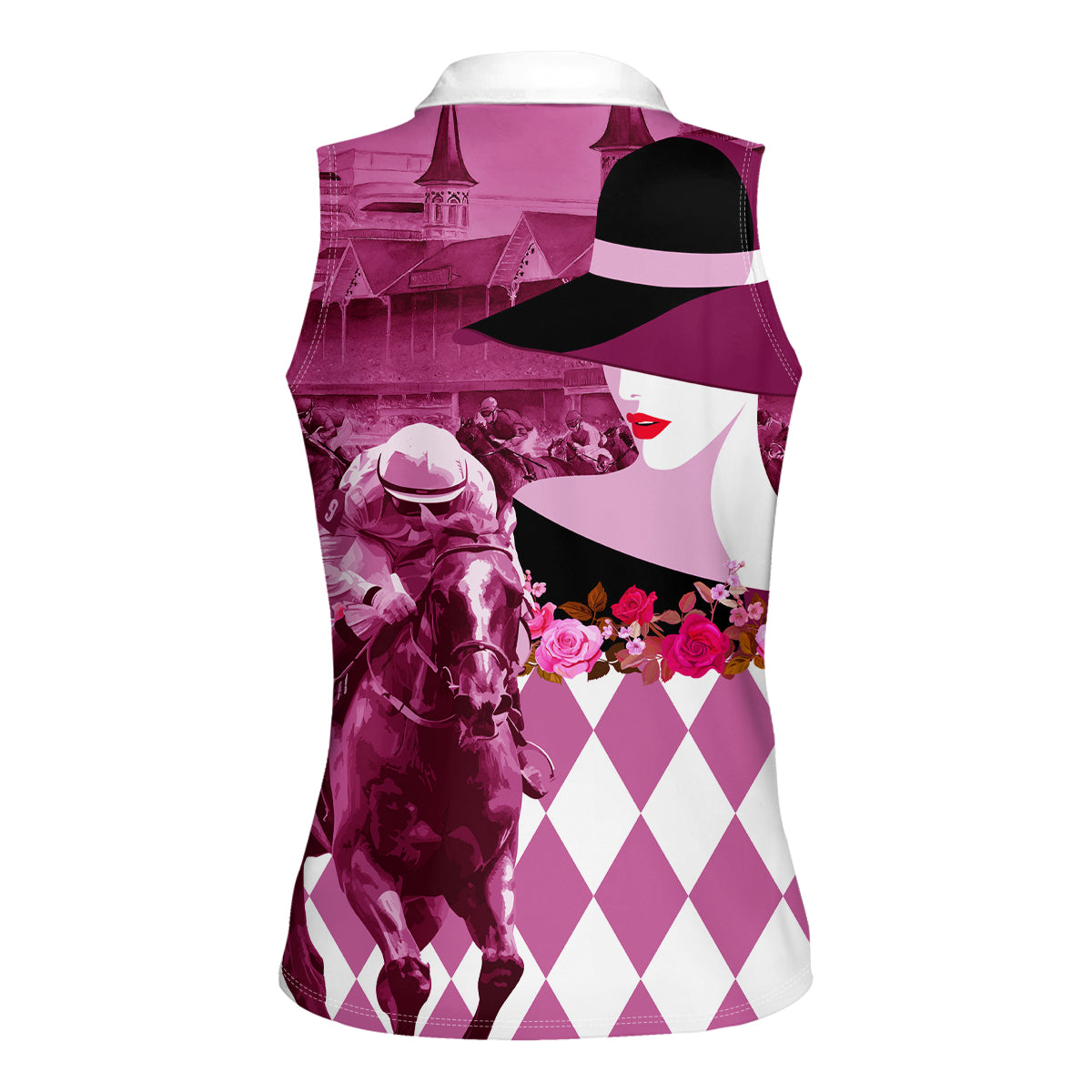 Kentucky Racing Horses Derby Hat Lady Women Sleeveless Polo Shirt Churchill Downs and Roses Pink Out - Wonder Print Shop