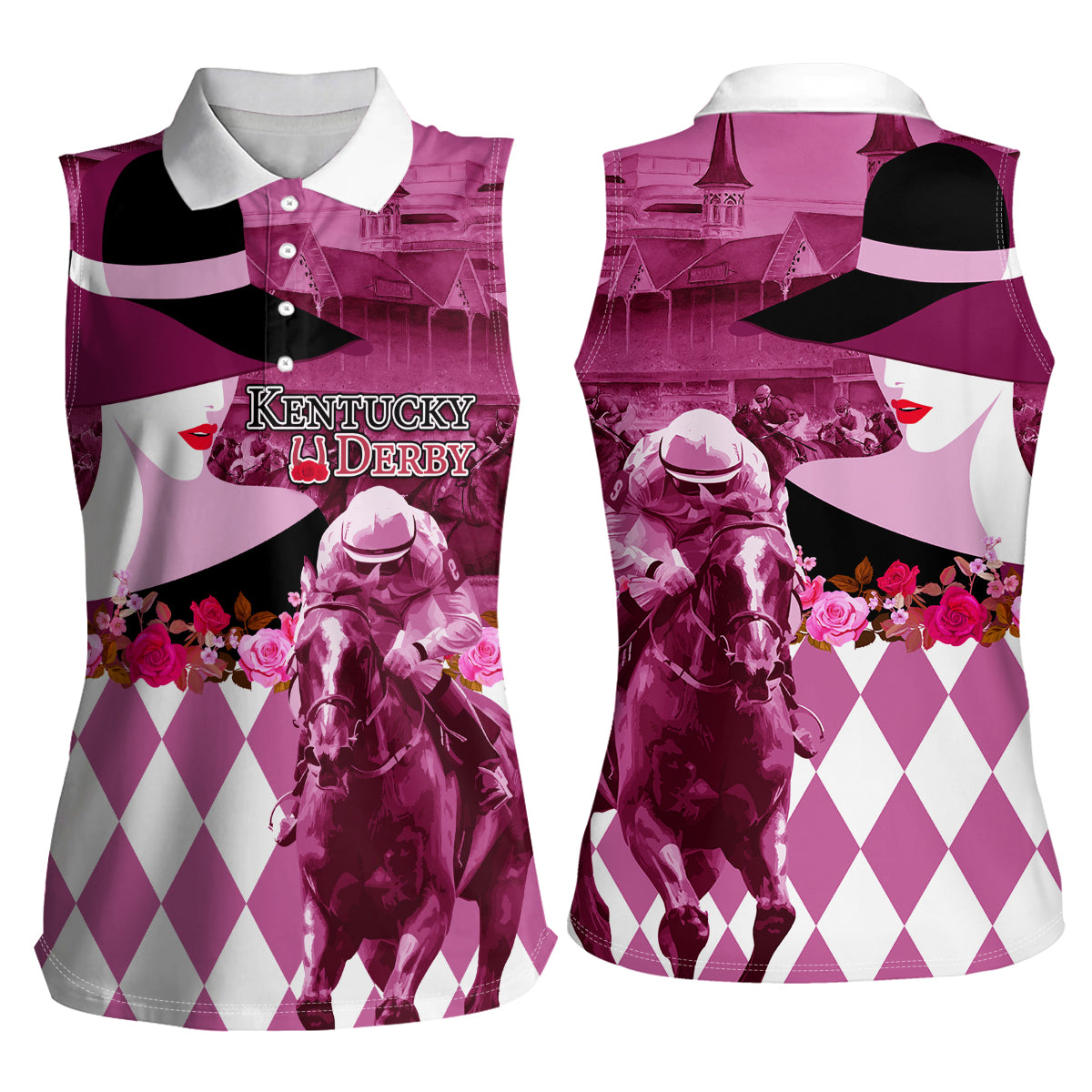 Kentucky Racing Horses Derby Hat Lady Women Sleeveless Polo Shirt Churchill Downs and Roses Pink Out - Wonder Print Shop