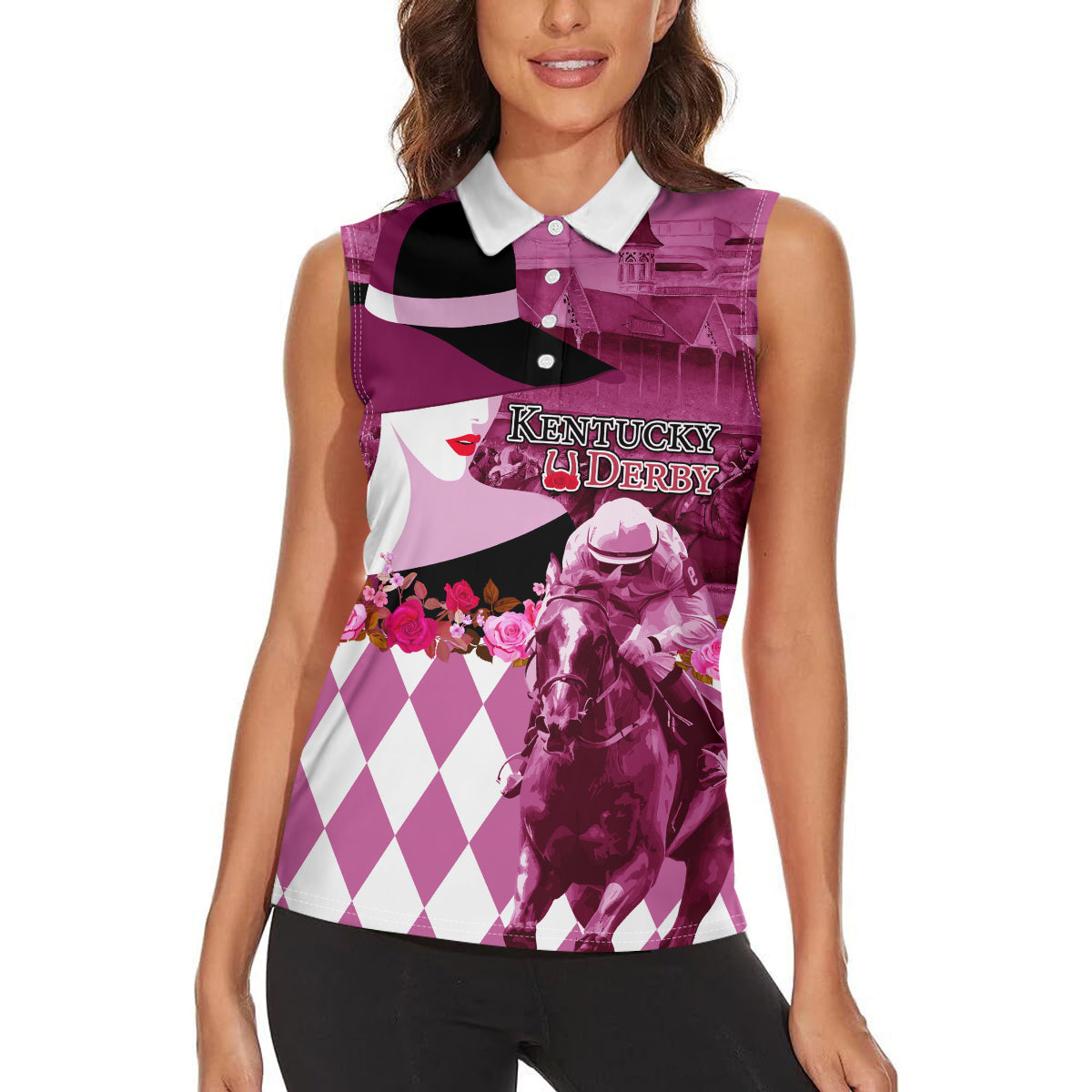 Kentucky Racing Horses Derby Hat Lady Women Sleeveless Polo Shirt Churchill Downs and Roses Pink Out - Wonder Print Shop