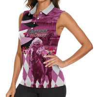 Kentucky Racing Horses Derby Hat Lady Women Sleeveless Polo Shirt Churchill Downs and Roses Pink Out - Wonder Print Shop