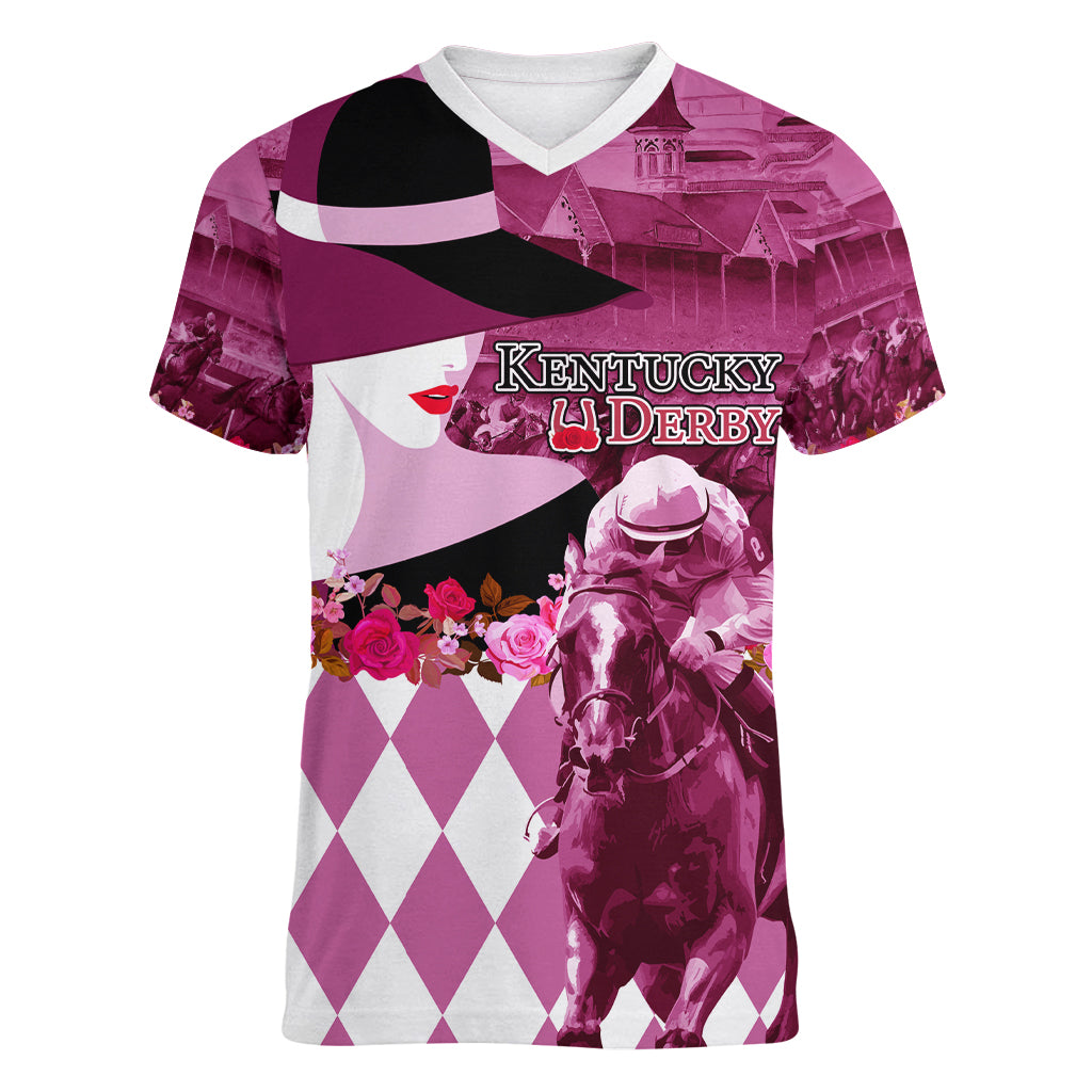 Kentucky Racing Horses Derby Hat Lady Women V-Neck T-Shirt Churchill Downs and Roses Pink Out - Wonder Print Shop