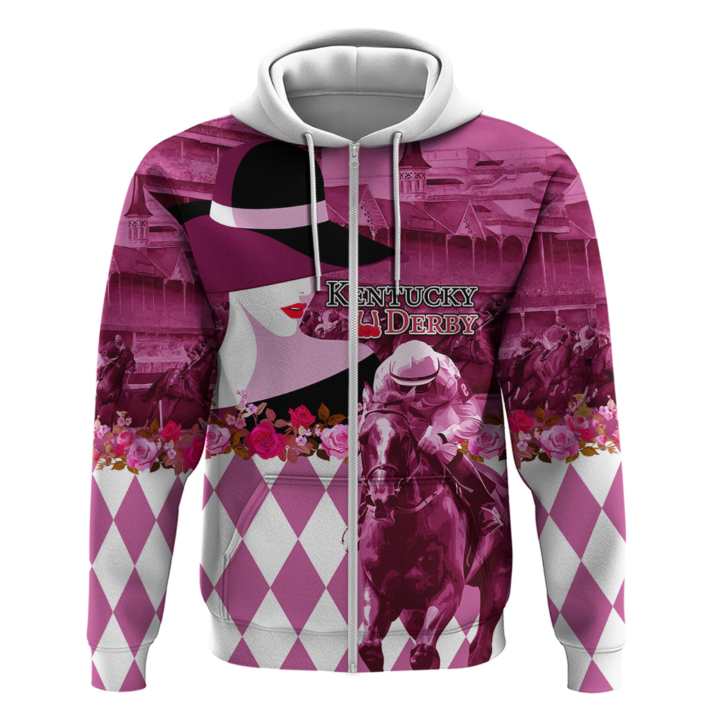 Kentucky Racing Horses Derby Hat Lady Zip Hoodie Churchill Downs and Roses Pink Out