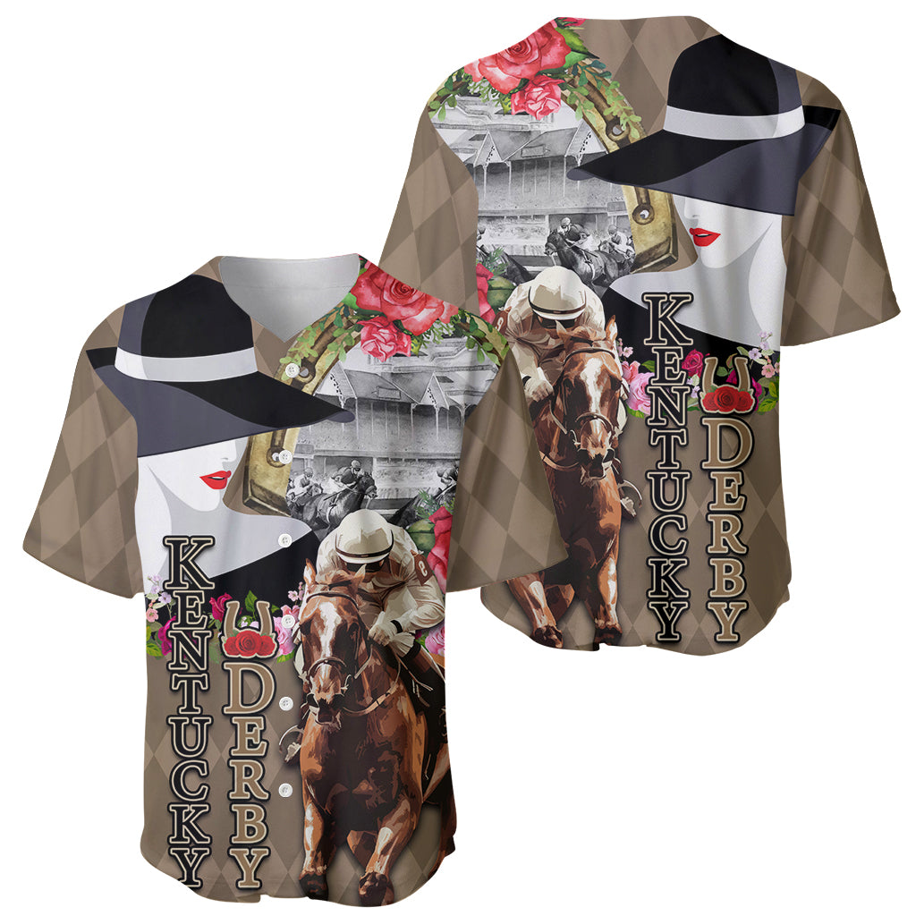 Kentucky Racing Horses Derby Hat Woman Baseball Jersey Churchill Downs and Shoehorse Roses - Wonder Print Shop
