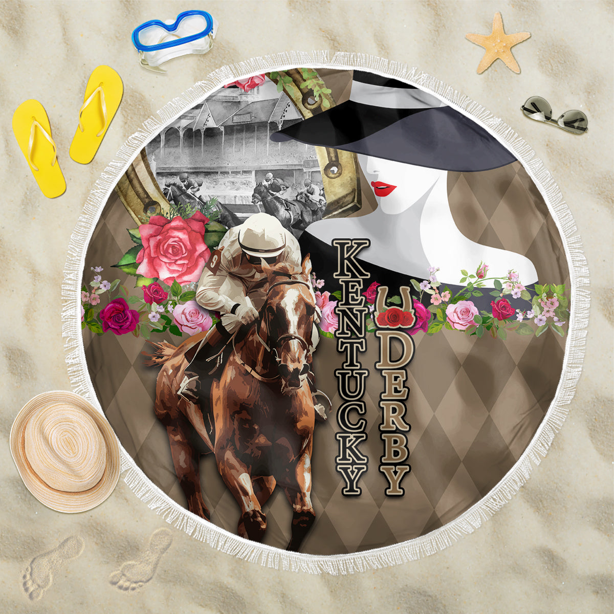 Kentucky Racing Horses Derby Hat Woman Beach Blanket Churchill Downs and Shoehorse Roses