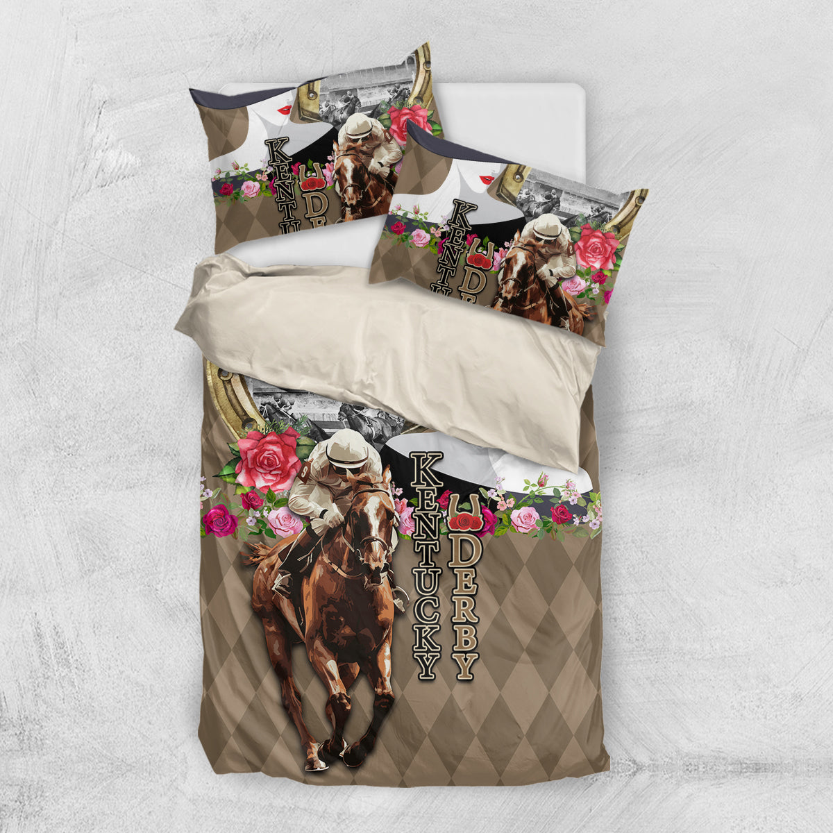 Kentucky Racing Horses Derby Hat Woman Bedding Set Churchill Downs and Shoehorse Roses - Wonder Print Shop