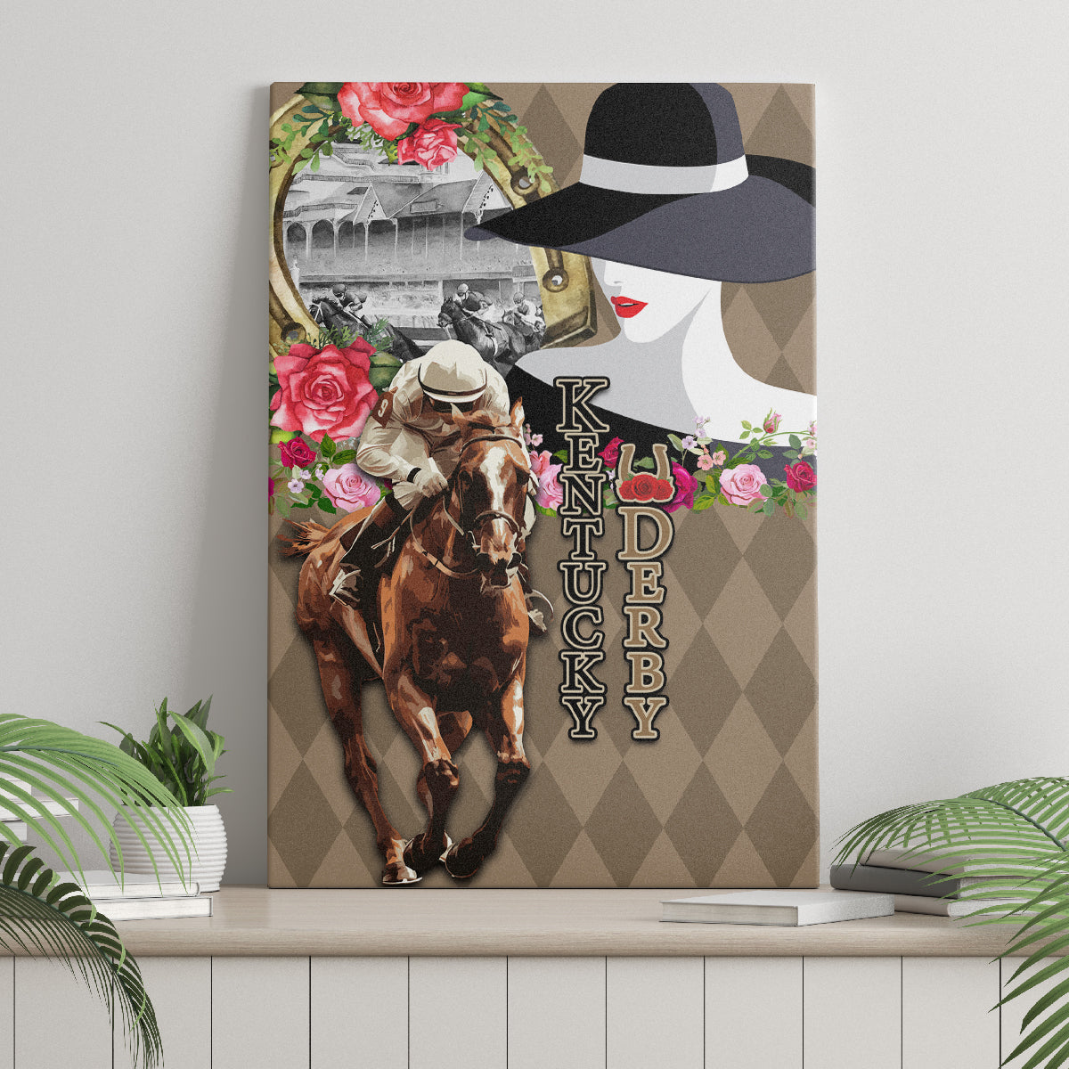 Kentucky Racing Horses Derby Hat Woman Canvas Wall Art Churchill Downs and Shoehorse Roses - Wonder Print Shop