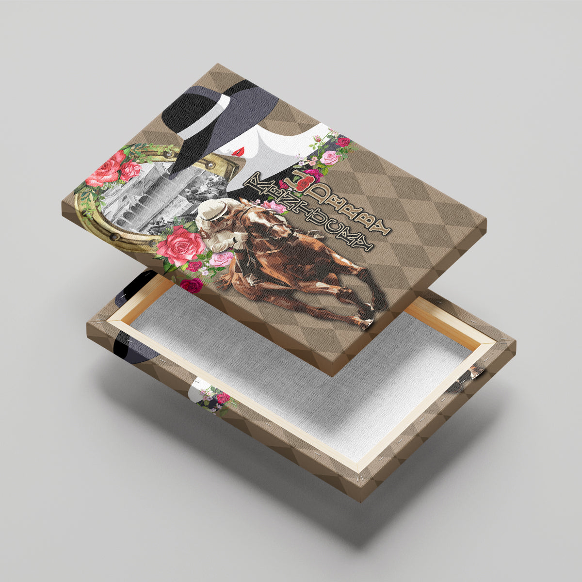 Kentucky Racing Horses Derby Hat Woman Canvas Wall Art Churchill Downs and Shoehorse Roses - Wonder Print Shop