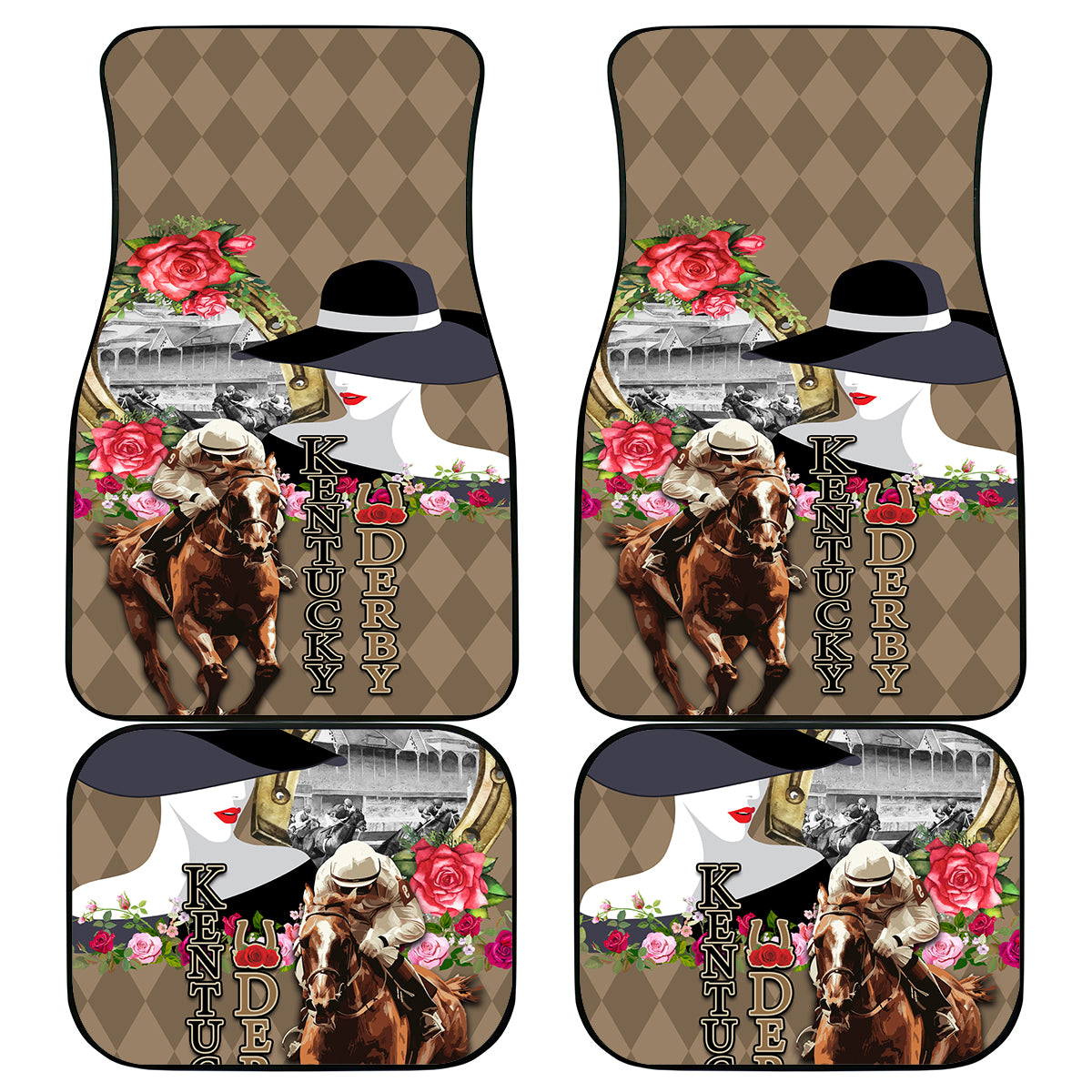 Kentucky Racing Horses Derby Hat Woman Car Mats Churchill Downs and Shoehorse Roses - Wonder Print Shop
